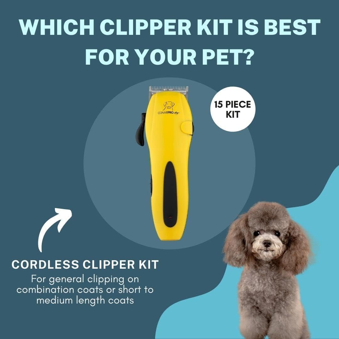 Guide panel showing the ConairPRO cordless clipper kit is best for general clipping on combination coats or short to medium length coats