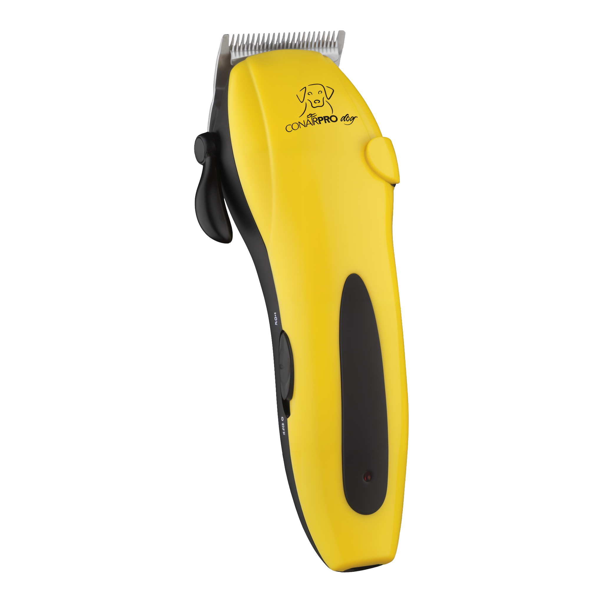 ConairPRO cordless pet clipper three-quarter angled view showing taper lever and stainless steel blade