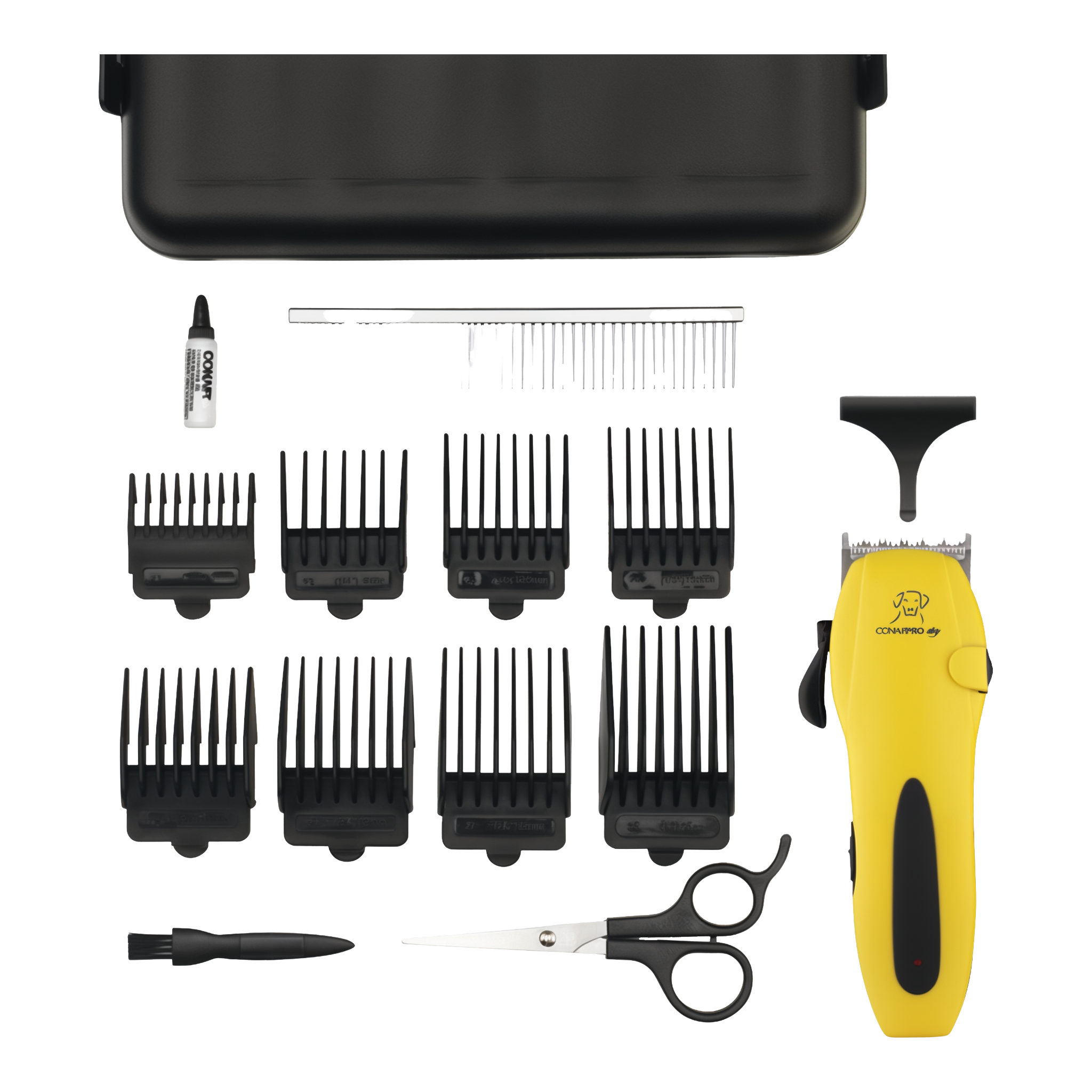 All 15 pieces of the ConairPRO pet grooming kit including clipper, 8 comb attachments, shears, metal comb, cleaning brush, lubricating oil, blade guard, and storage case