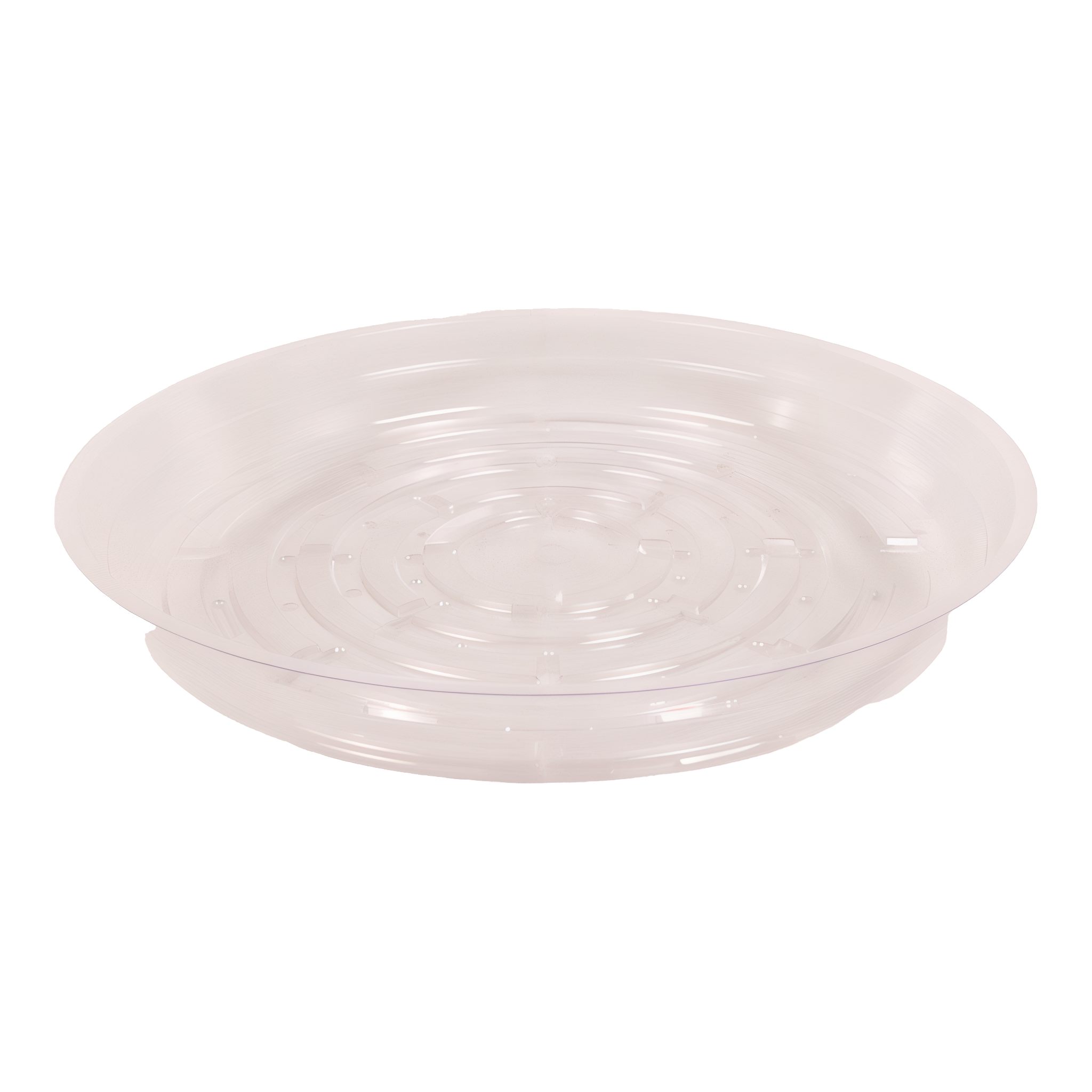 Curtis Wagner round clear vinyl plant saucer in the 10" size on a white background