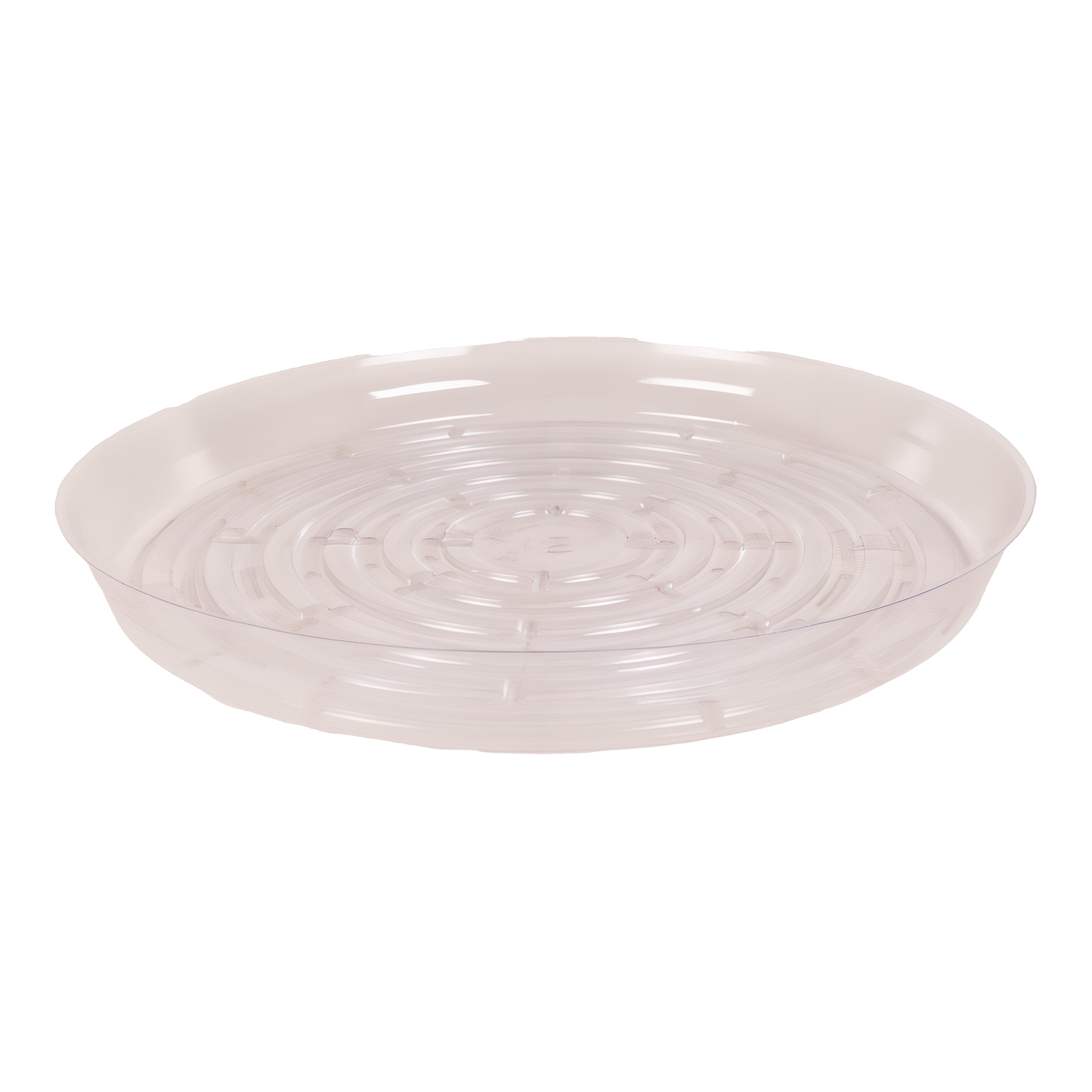 Curtis Wagner round clear vinyl plant saucer in the 12" size on a white background