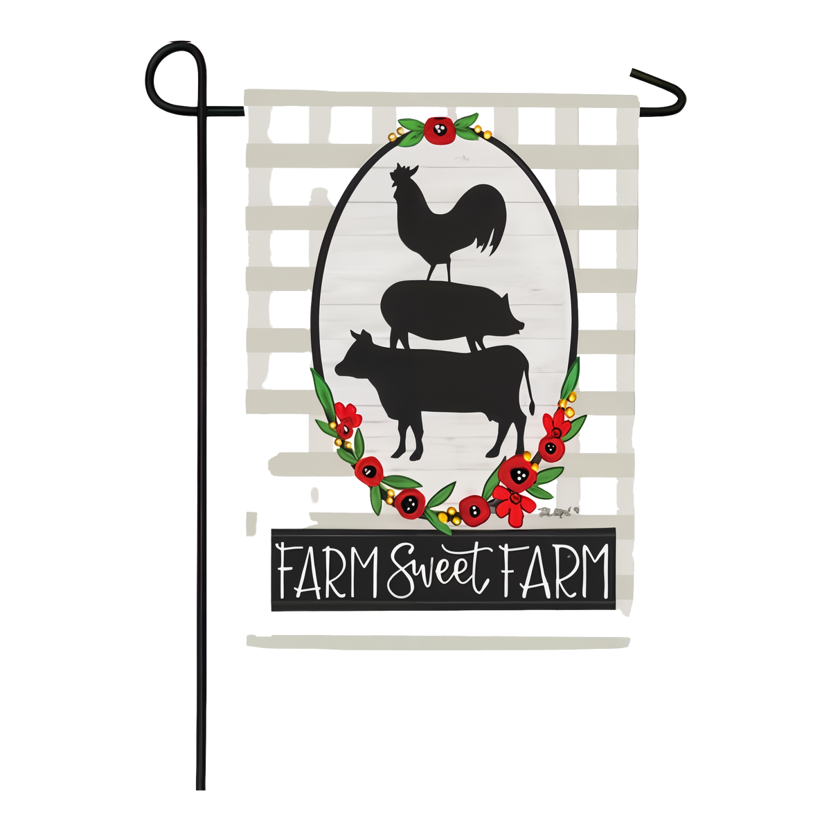 Custom Decor Farm Sweet Farm Garden Flag -- garden flag shown on a garden flag stand