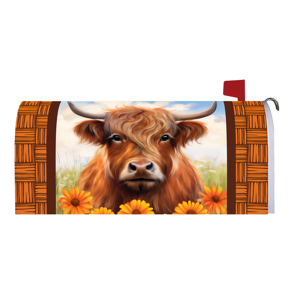 Custom Decor Highland Cow Mailbox Makeover Cover -- magnetic cover shown on a standard mailbox