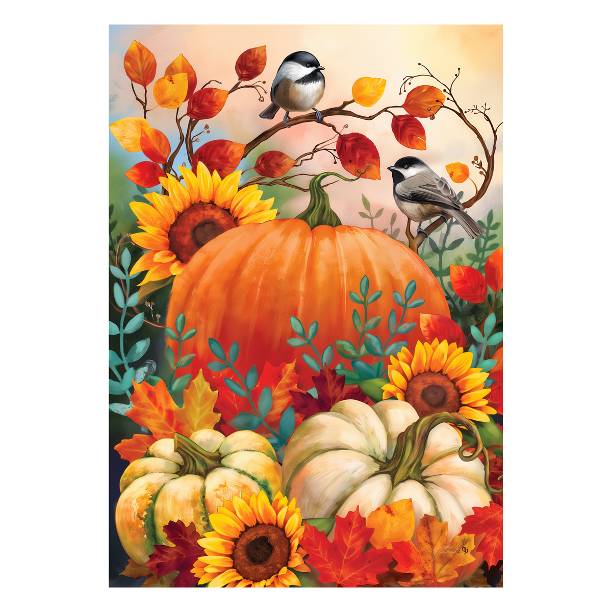 Custom Decor Pumpkin and Chickadees Garden Flag -- chickadees, sunflowers and pumpkins artwork