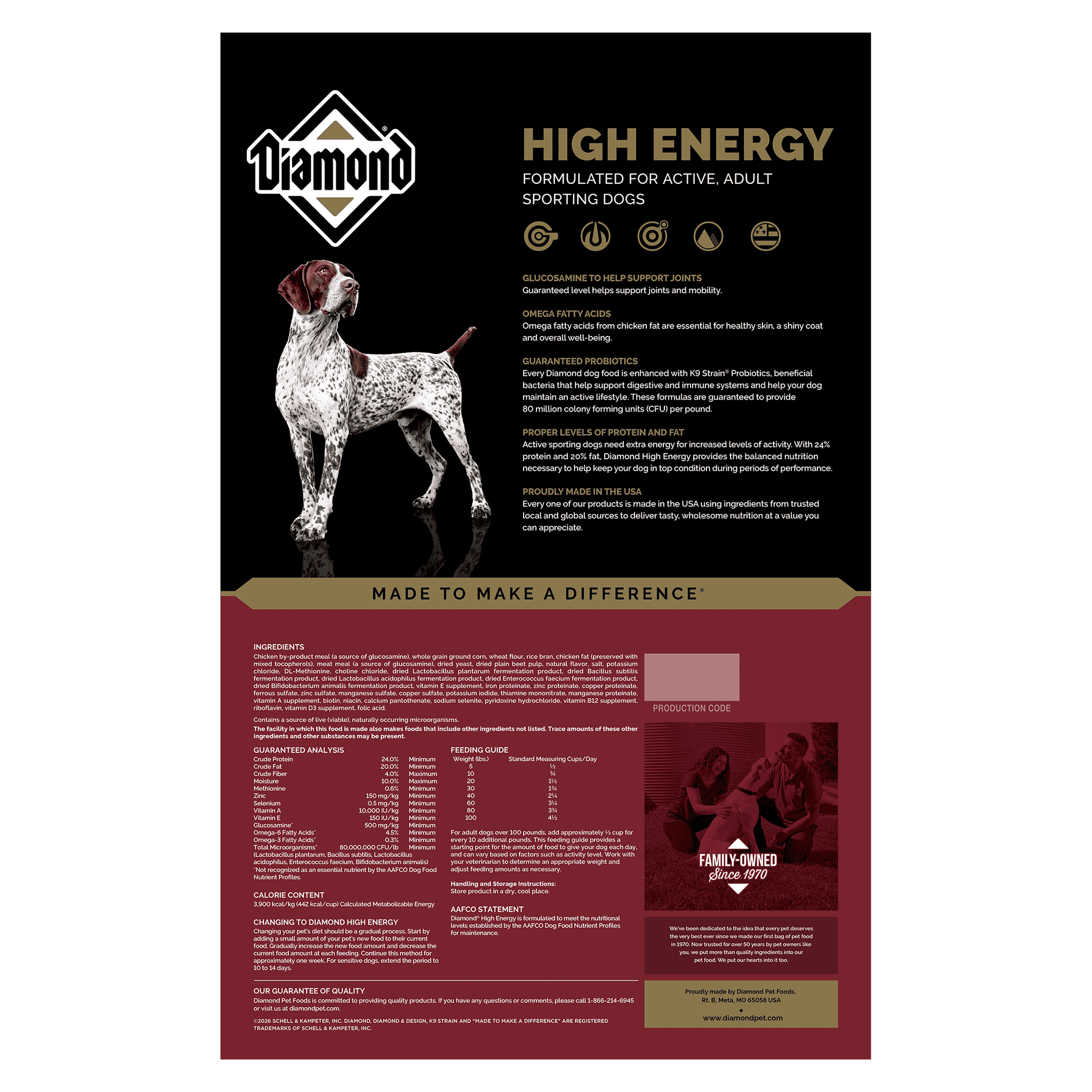 Back of the Diamond High Energy bag with ingredients, guaranteed analysis, and feeding guide