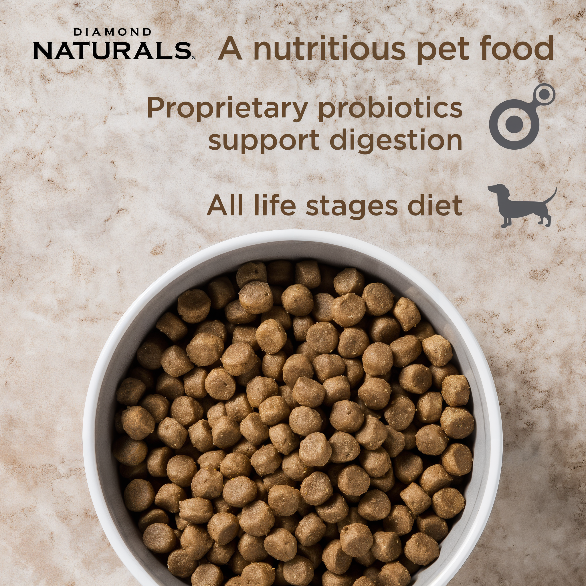 A bowl of Diamond Naturals All Life Stages kibble — proprietary probiotics support digestion