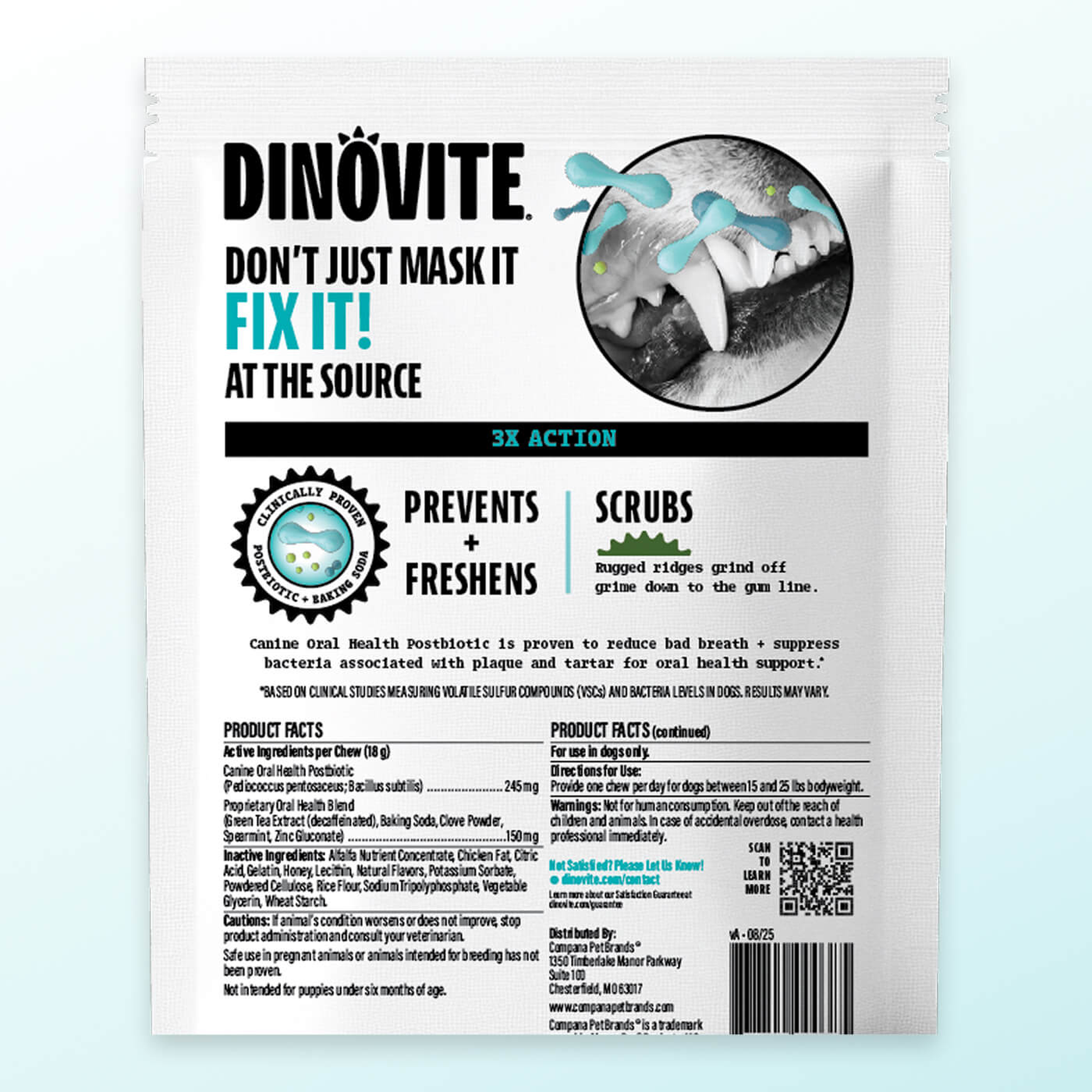 Dinovite Dental Chews small dog bag back panel with product facts and directions