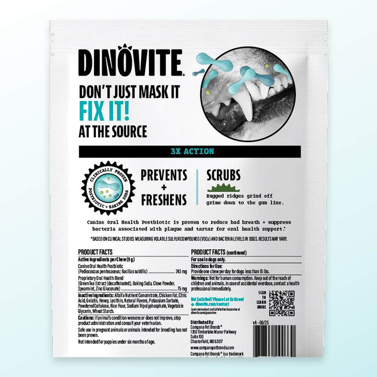 Dinovite Dental Chews tiny dog bag back panel with product facts and directions