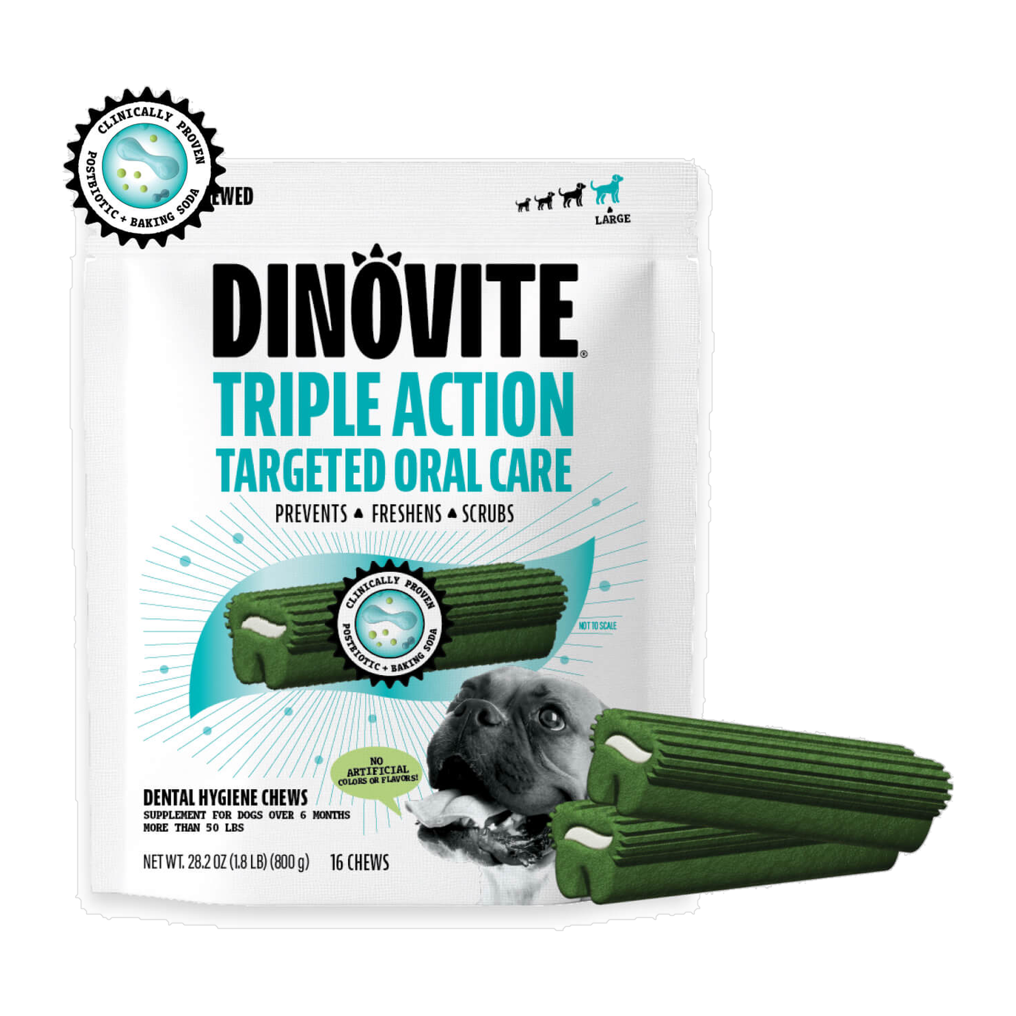 Dinovite Triple Action Dental Chews bag for large dogs over 50 pounds with chews