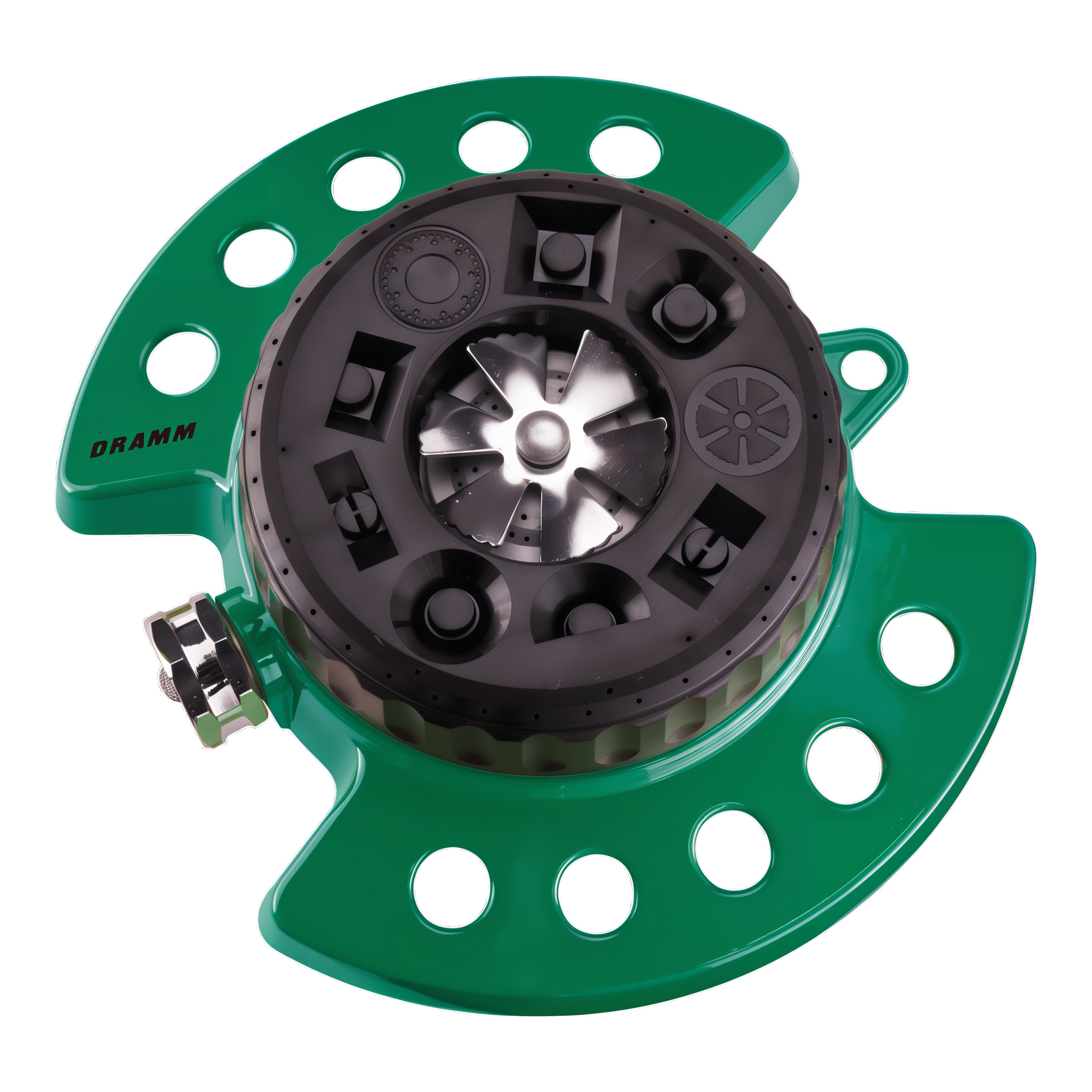 Dramm ColorStorm 9-Pattern Turret Sprinkler in Green with heavy-duty metal base and 9 selectable spray patterns