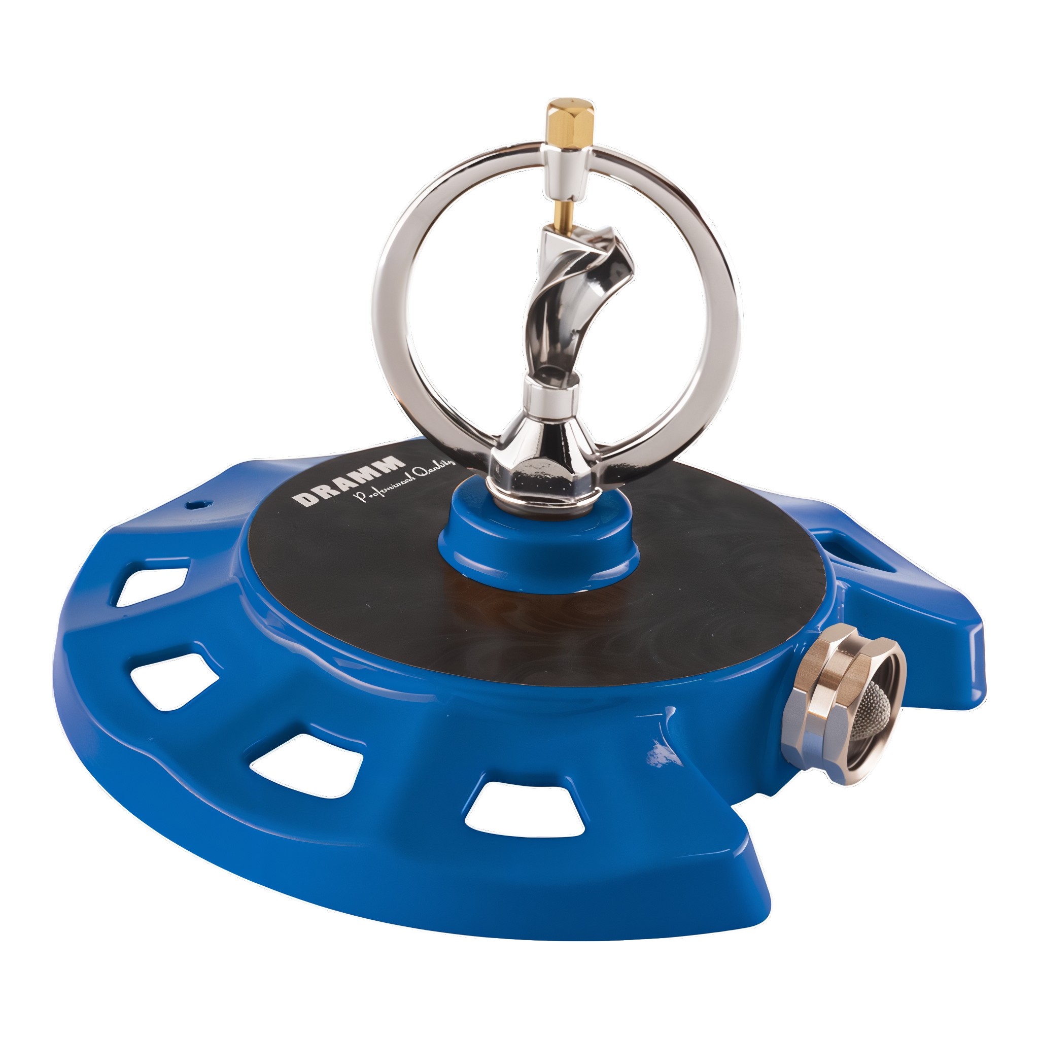 Dramm ColorStorm Spinning Sprinkler in Blue with heavy-duty stationary base and atomized fine-droplet spray