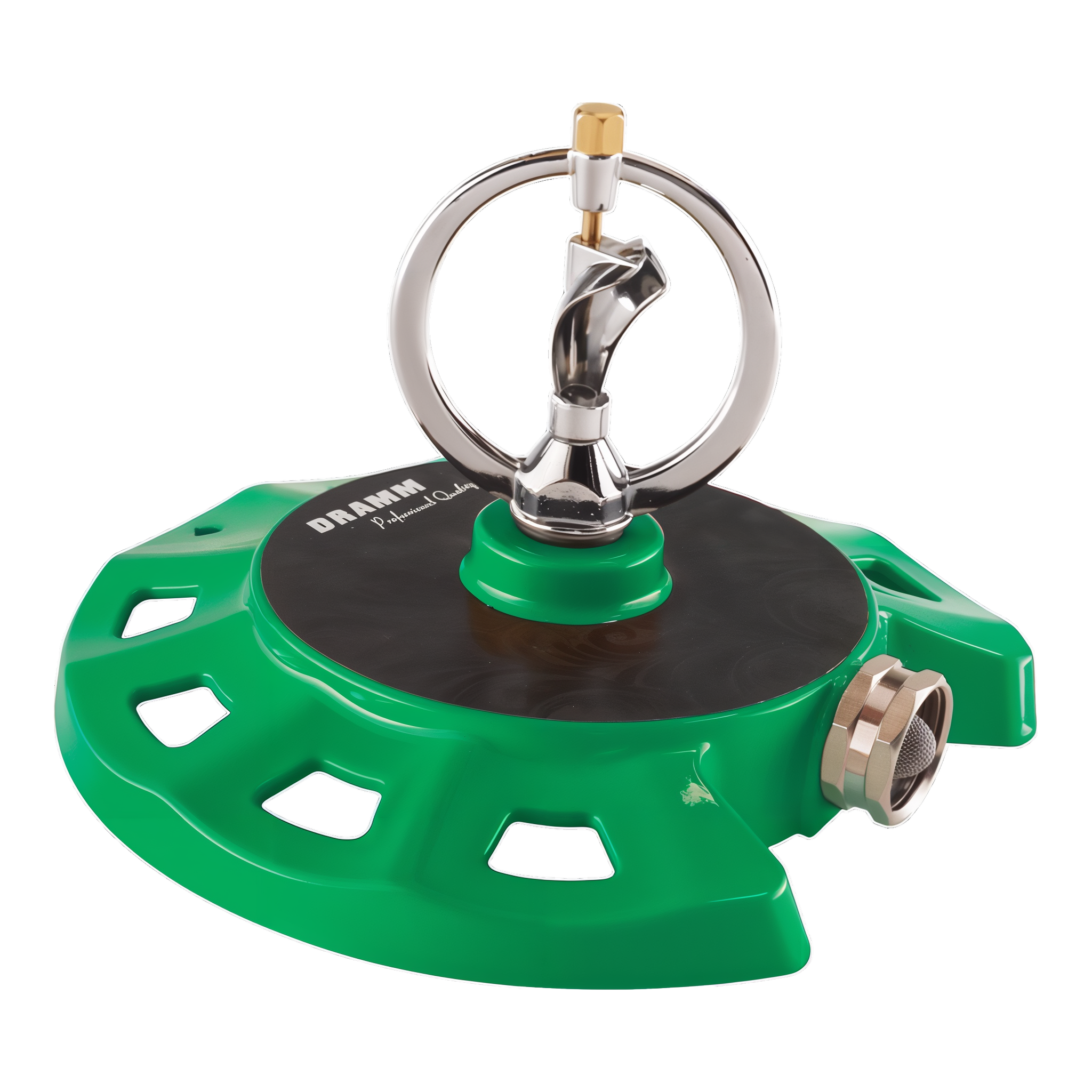 Dramm ColorStorm Spinning Sprinkler in Green with heavy-duty stationary base and atomized fine-droplet spray