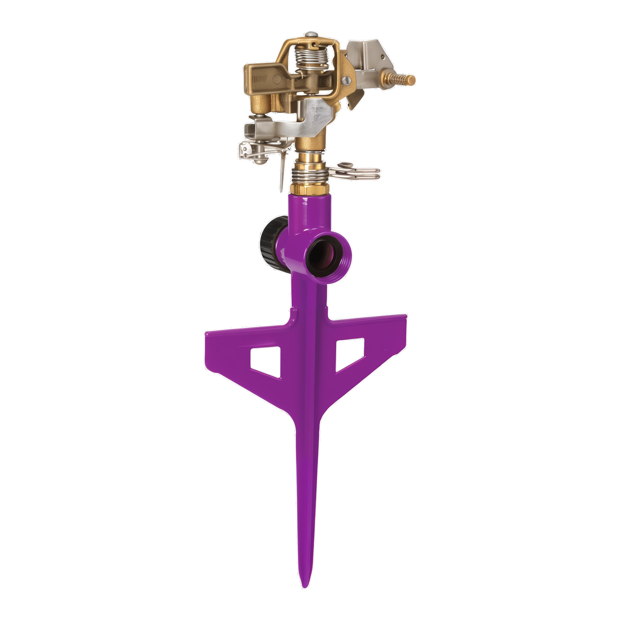 Dramm ColorStorm Stake Impulse Sprinkler in Berry with all-brass impulse head on 6 in step-in metal stake