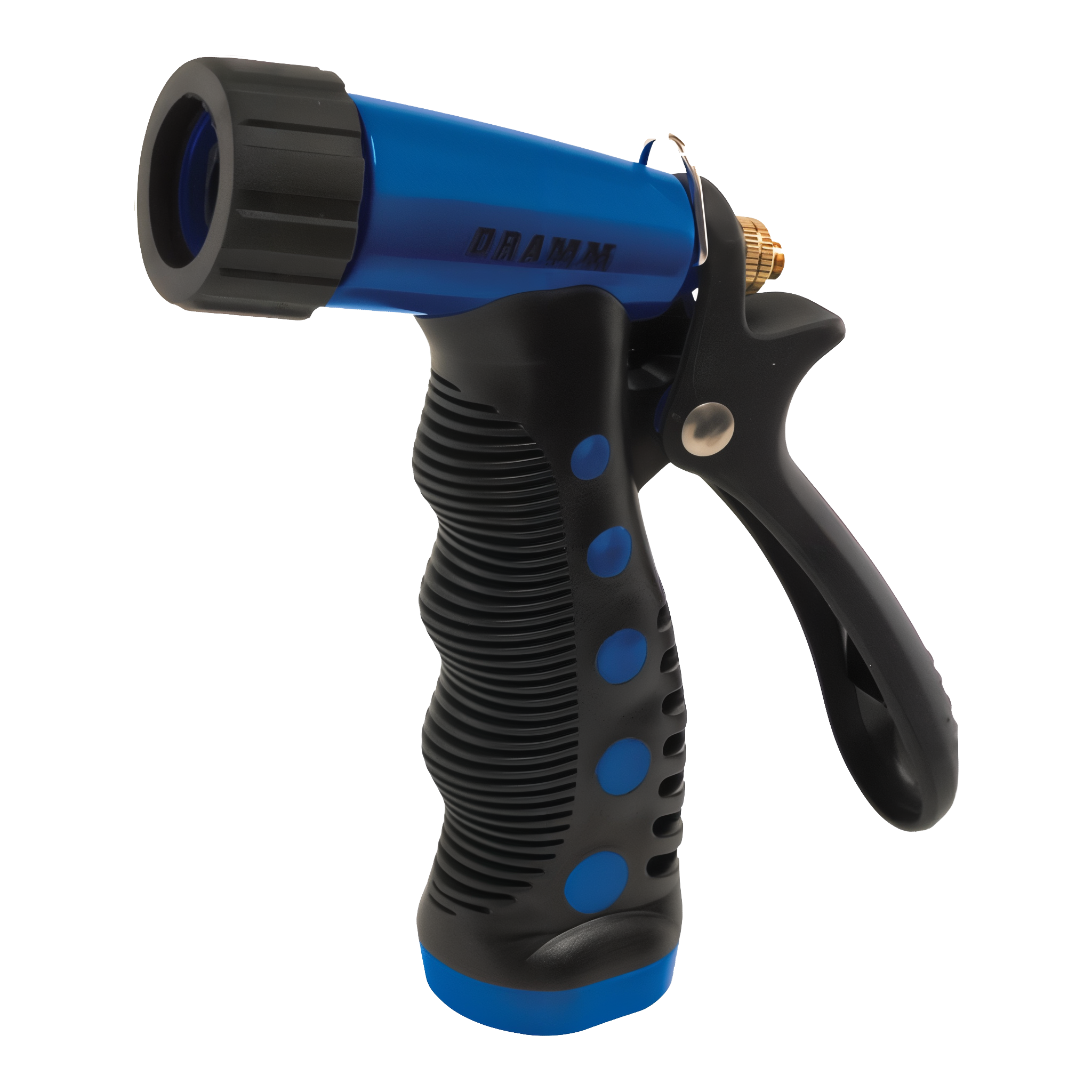Dramm Heavy-Duty Variable Spray Pistol Nozzle in Blue with metal body and ergonomic insulated grip