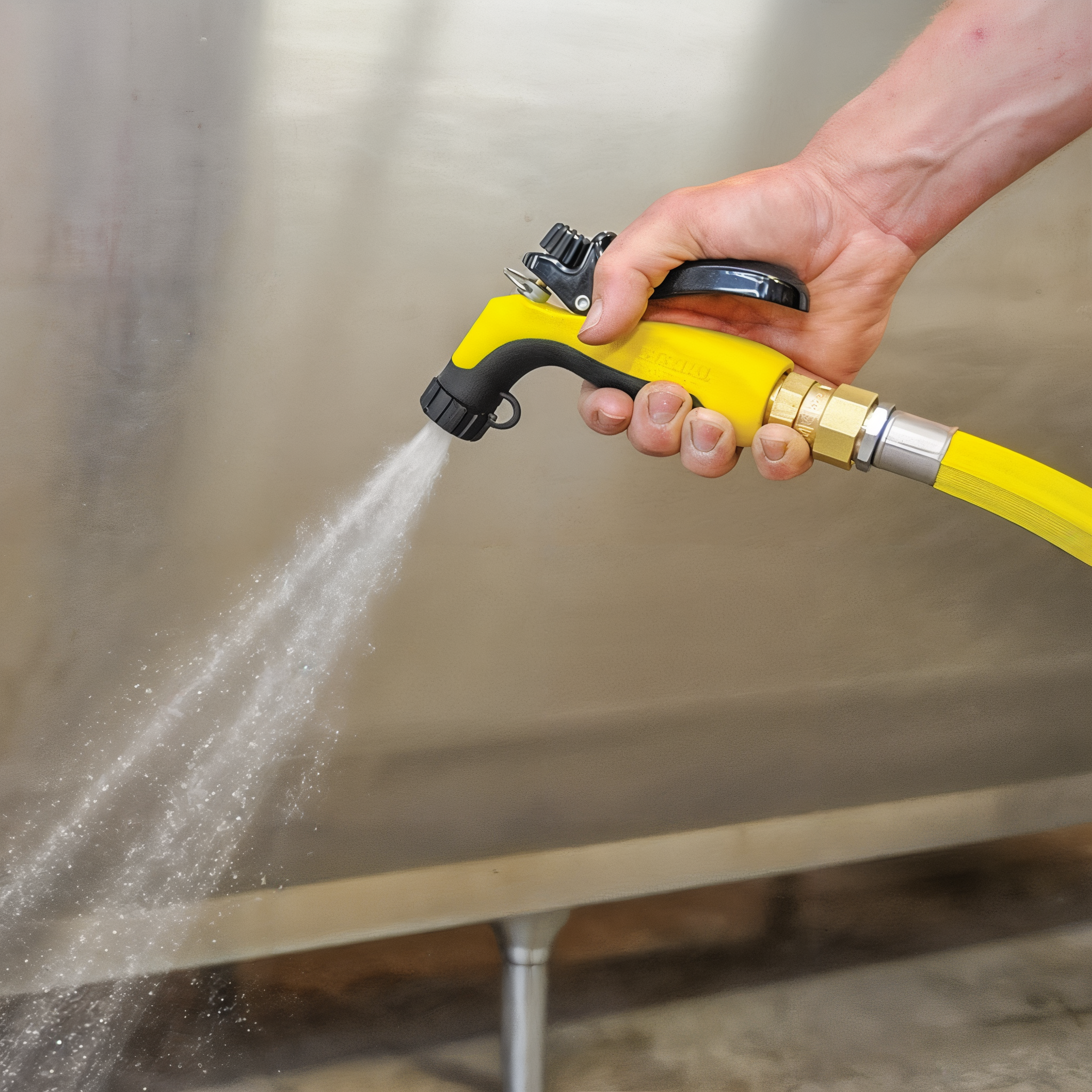 Dramm Hot Water Pistol Nozzle in use cleaning equipment with hot water spray