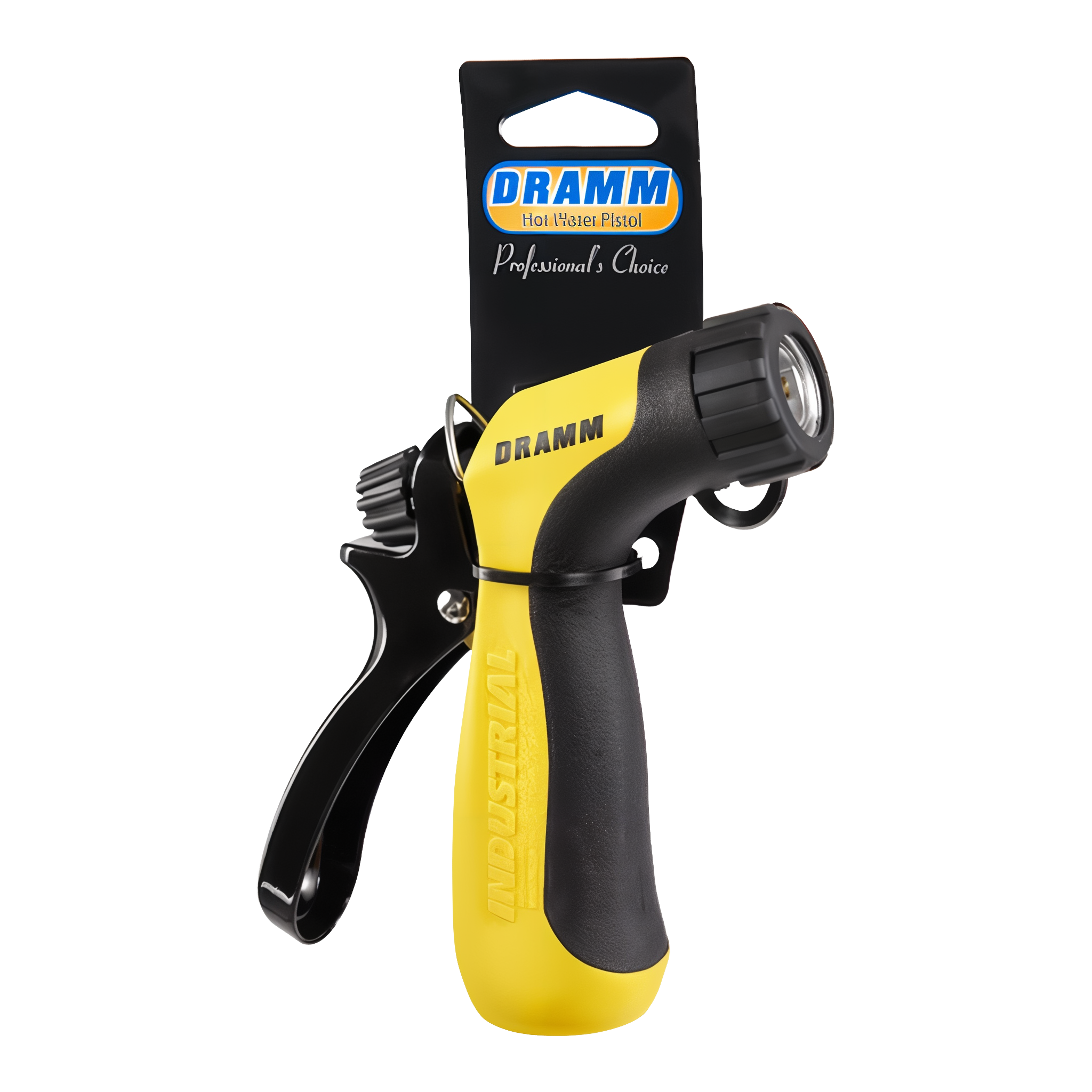 Dramm Hot Water Pistol Nozzle in yellow with thermal-insulated rubber grip and trigger lock
