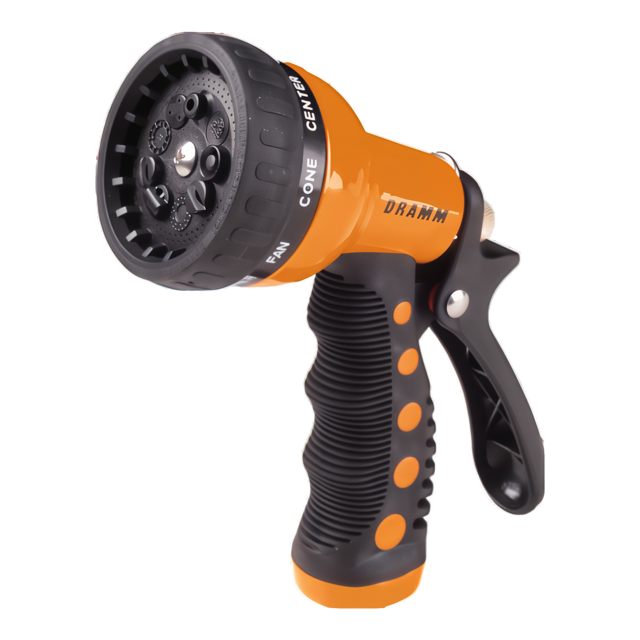 Dramm Touch 'N Flow Revolver 9-Pattern Spray Gun in Orange with heavy-duty metal body and ergonomic insulated grip