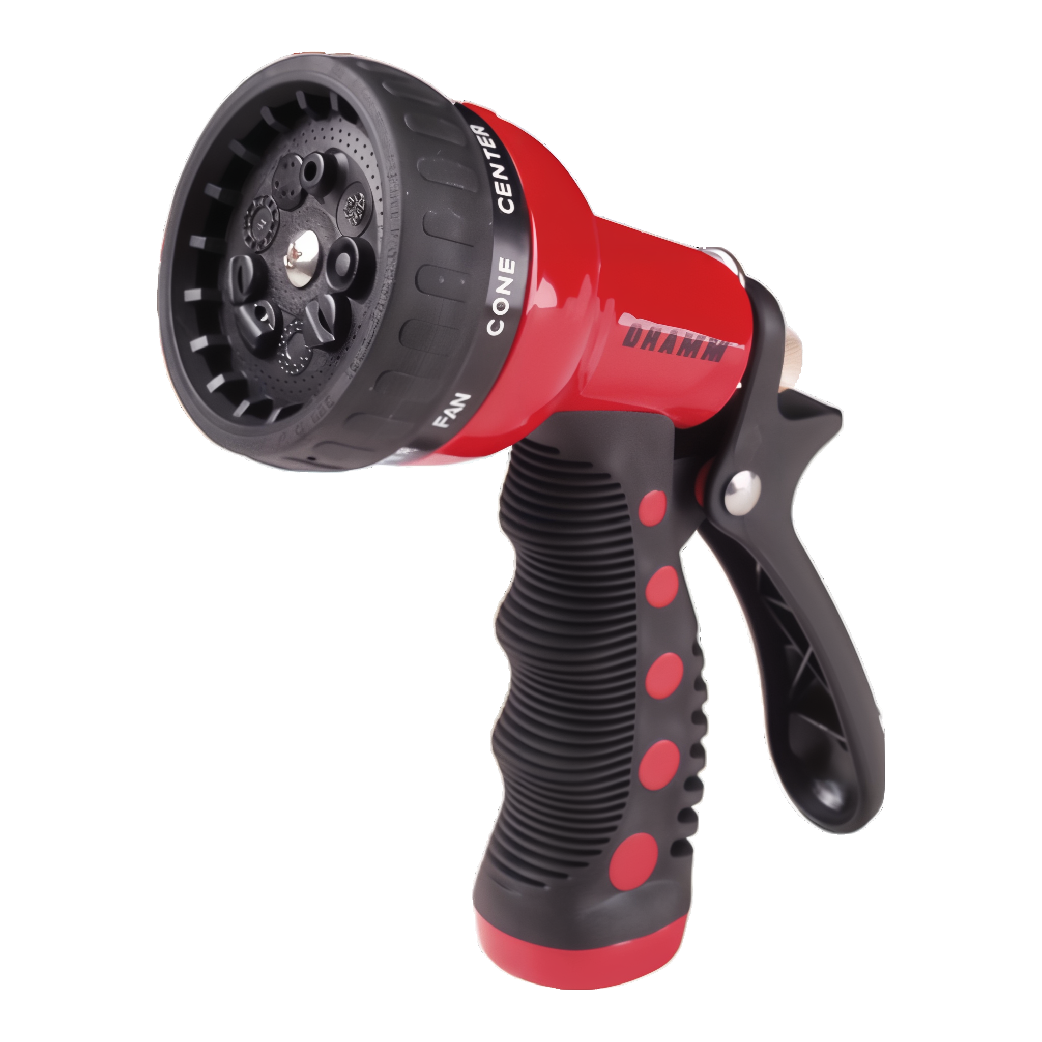 Dramm Touch 'N Flow Revolver 9-Pattern Spray Gun in Red with heavy-duty metal body and ergonomic insulated grip