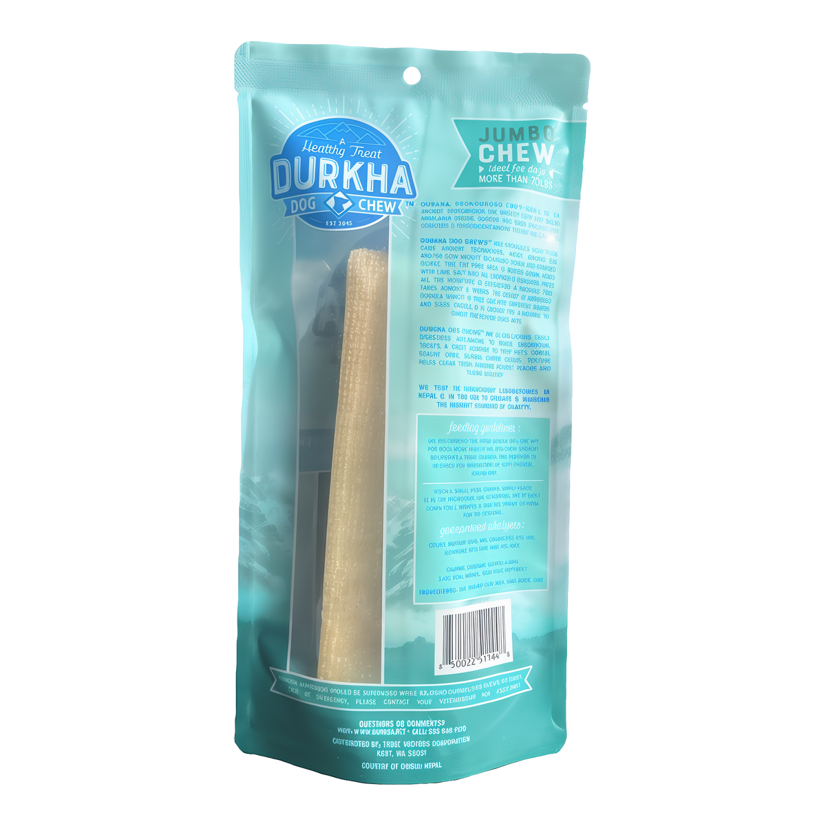 Durkha Yak Cheese Chews -- jumbo chew bag back with ingredients and feeding guidance