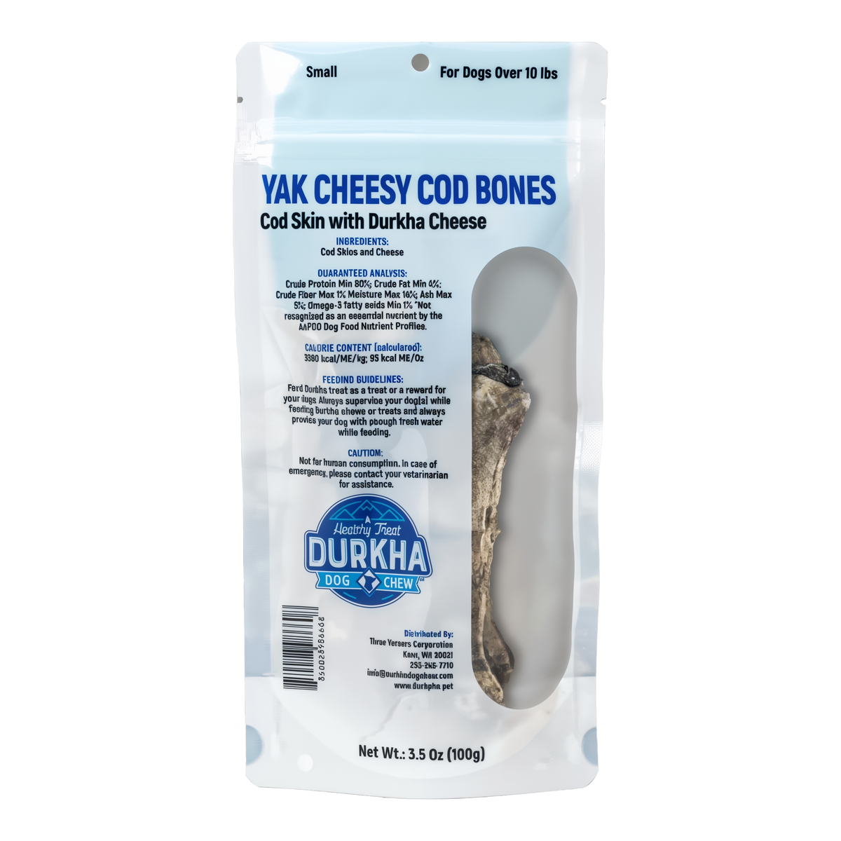 Durkha Yak Cheesy Cod Bones -- small bag back with ingredients