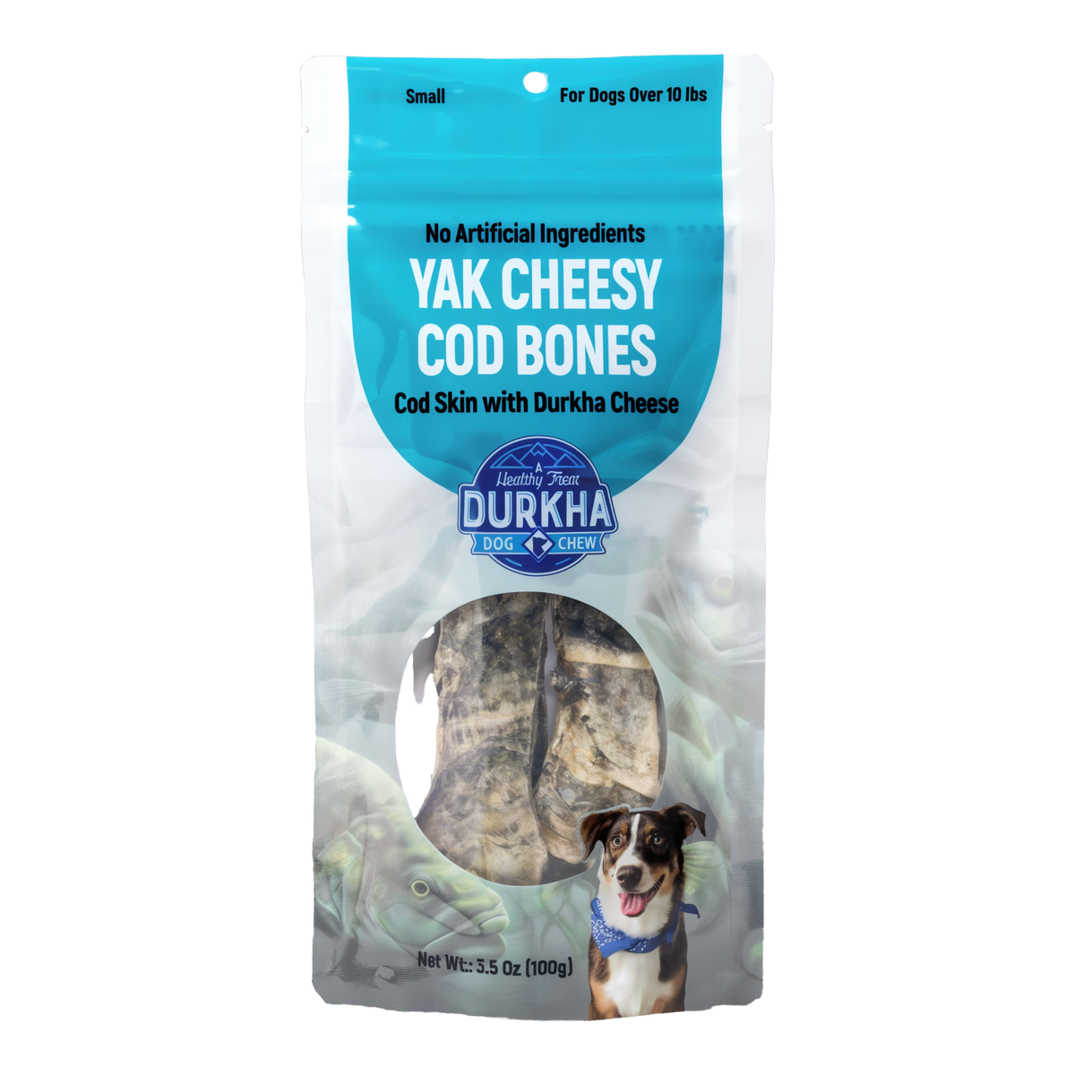 Durkha Yak Cheesy Cod Bones -- small 5 in bag front