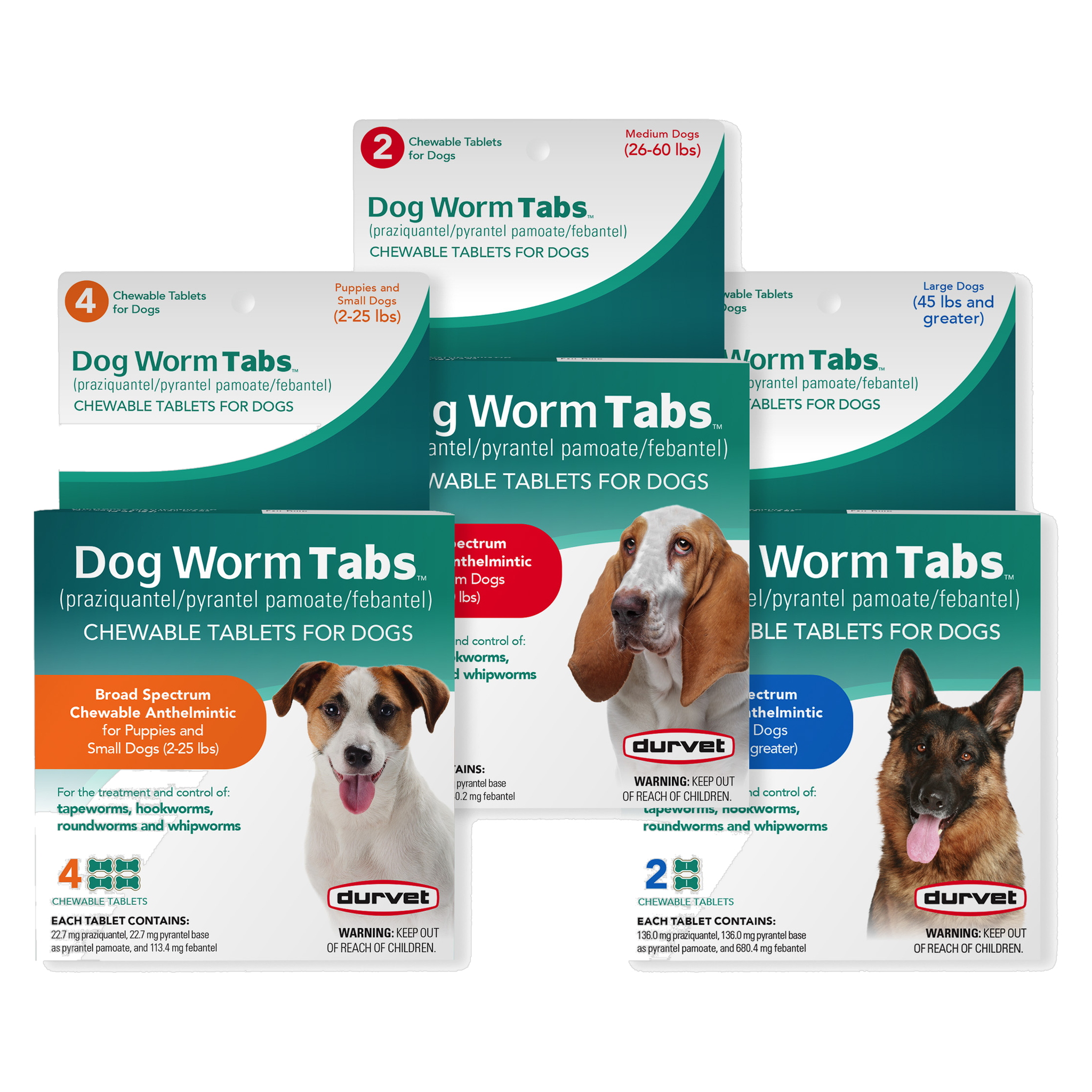 Durvet Dog Worm Tabs chewable dewormer family of sizes