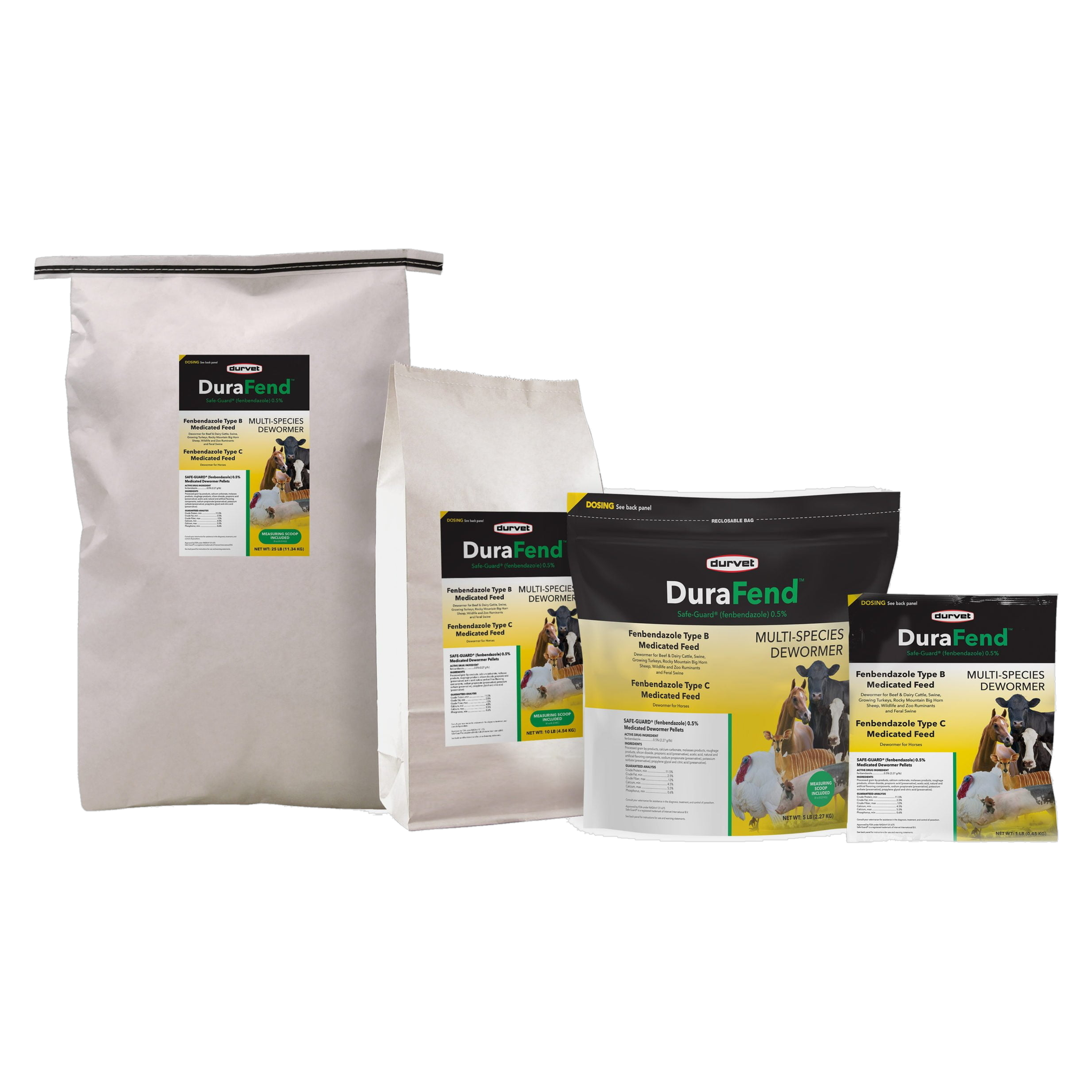 The Durvet DuraFend Multi-Species Medicated Dewormer family of sizes