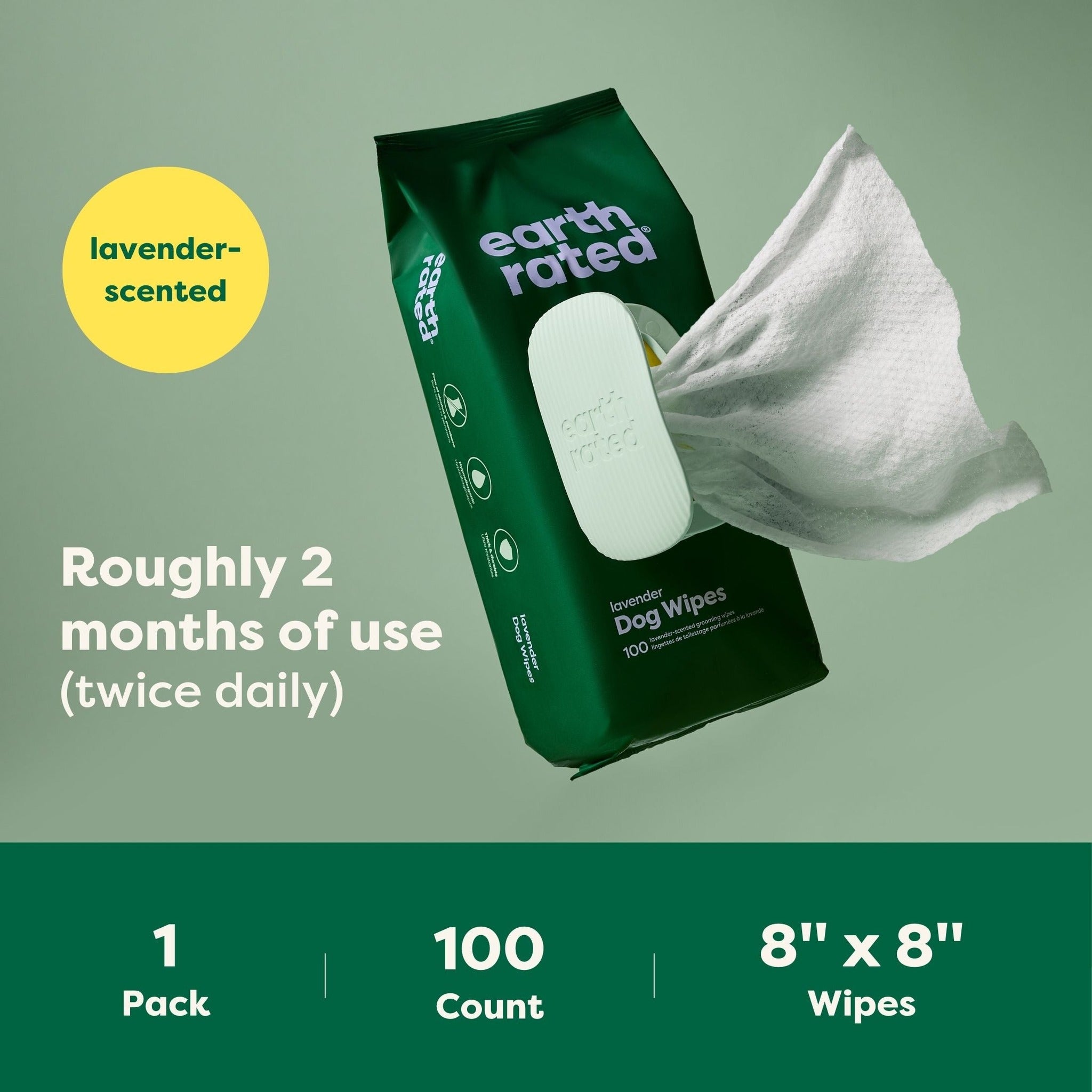 One pack of Earth Rated lavender dog wipes covers roughly two months of use