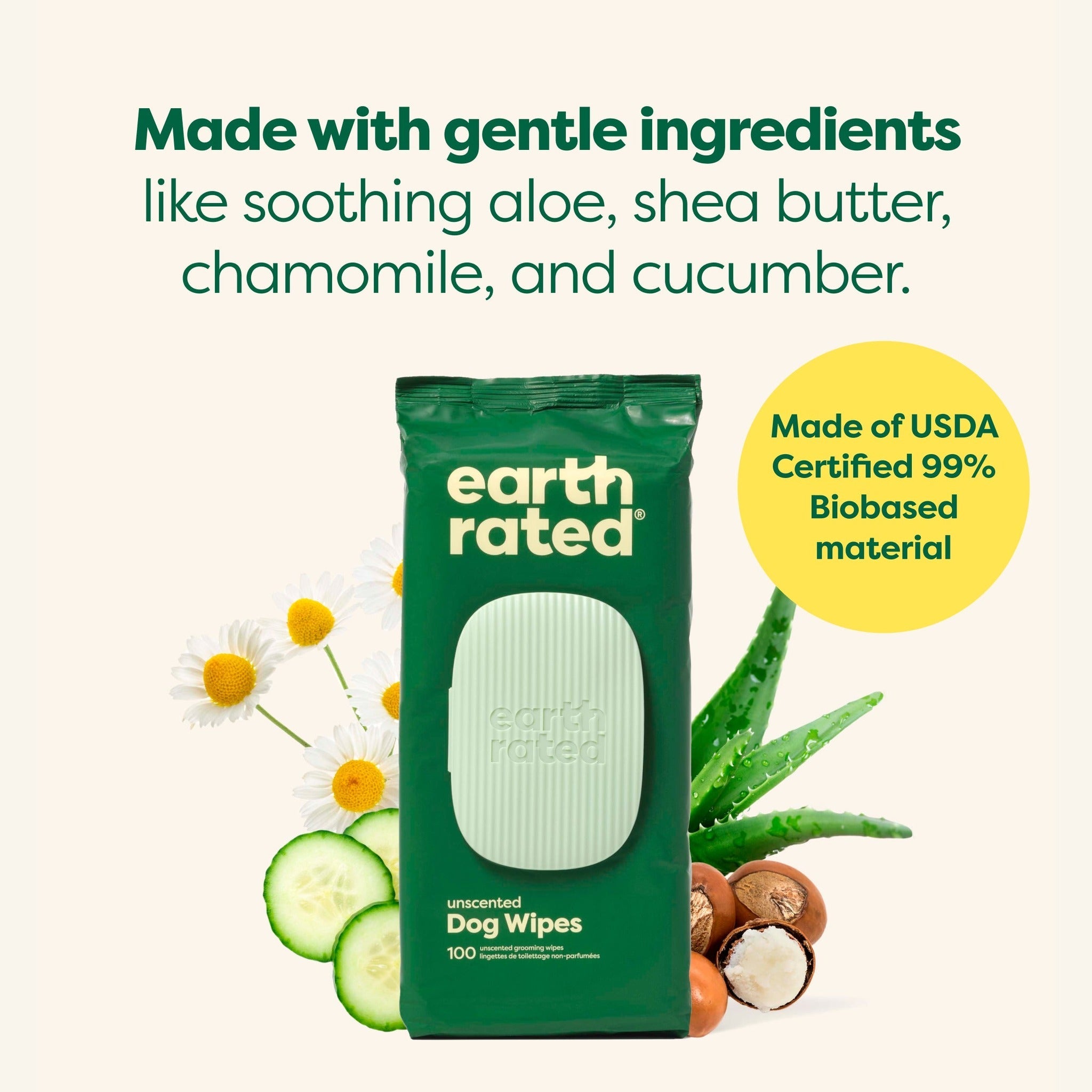 Earth Rated dog wipes made with gentle ingredients including aloe and shea butter