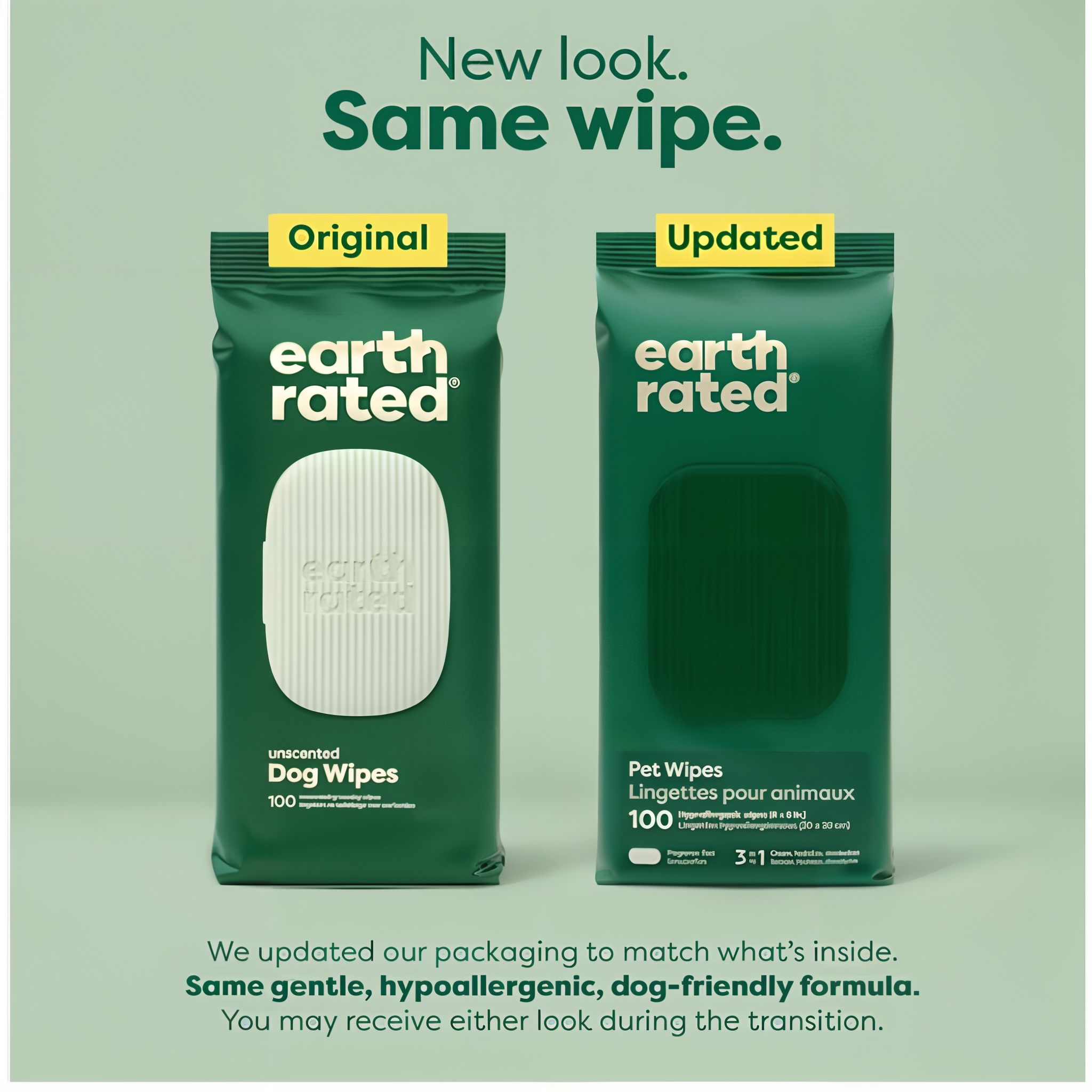 Earth Rated unscented dog wipes packaging update, new look same gentle formula