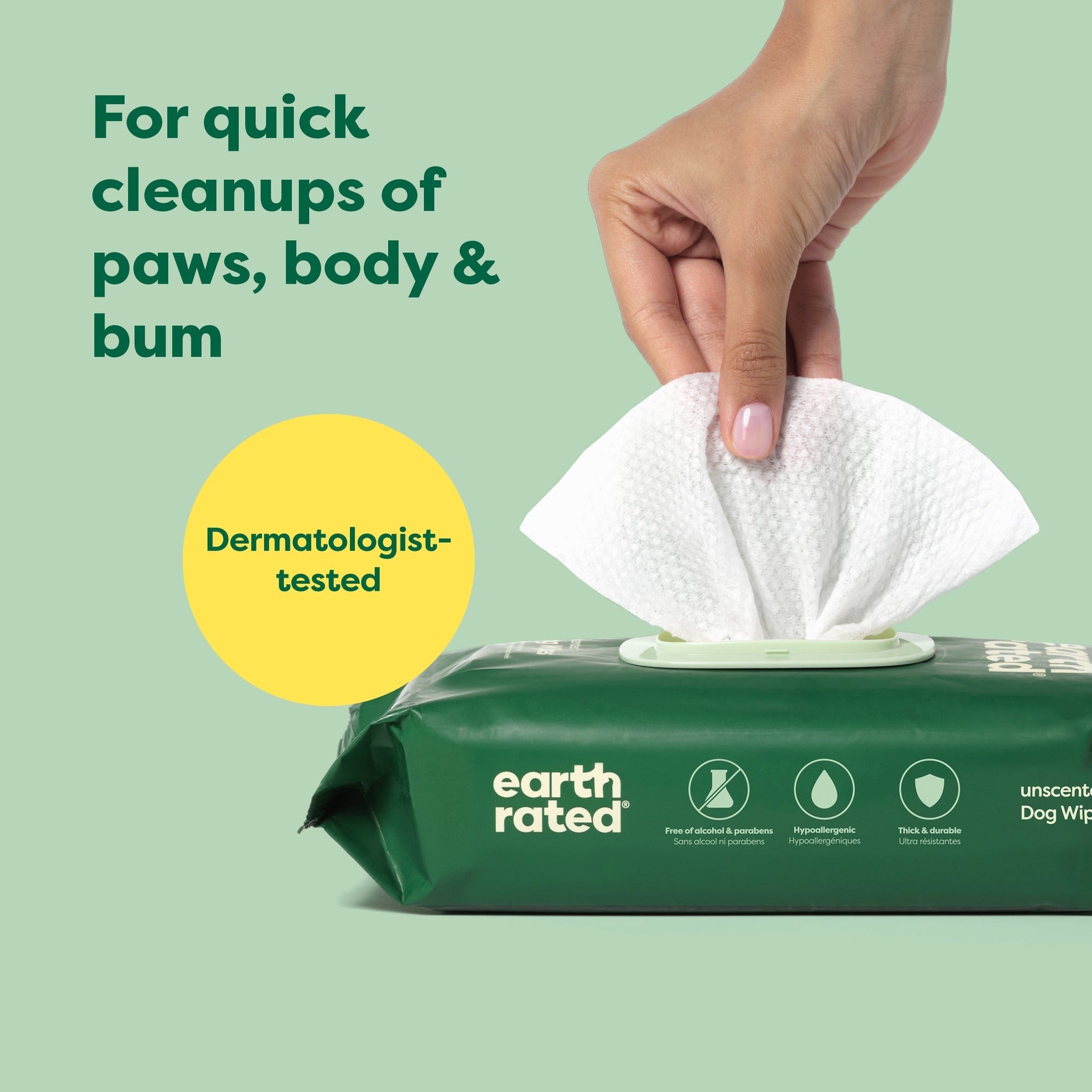 Dermatologist-tested Earth Rated wipes for quick cleanups of paws, body and bum