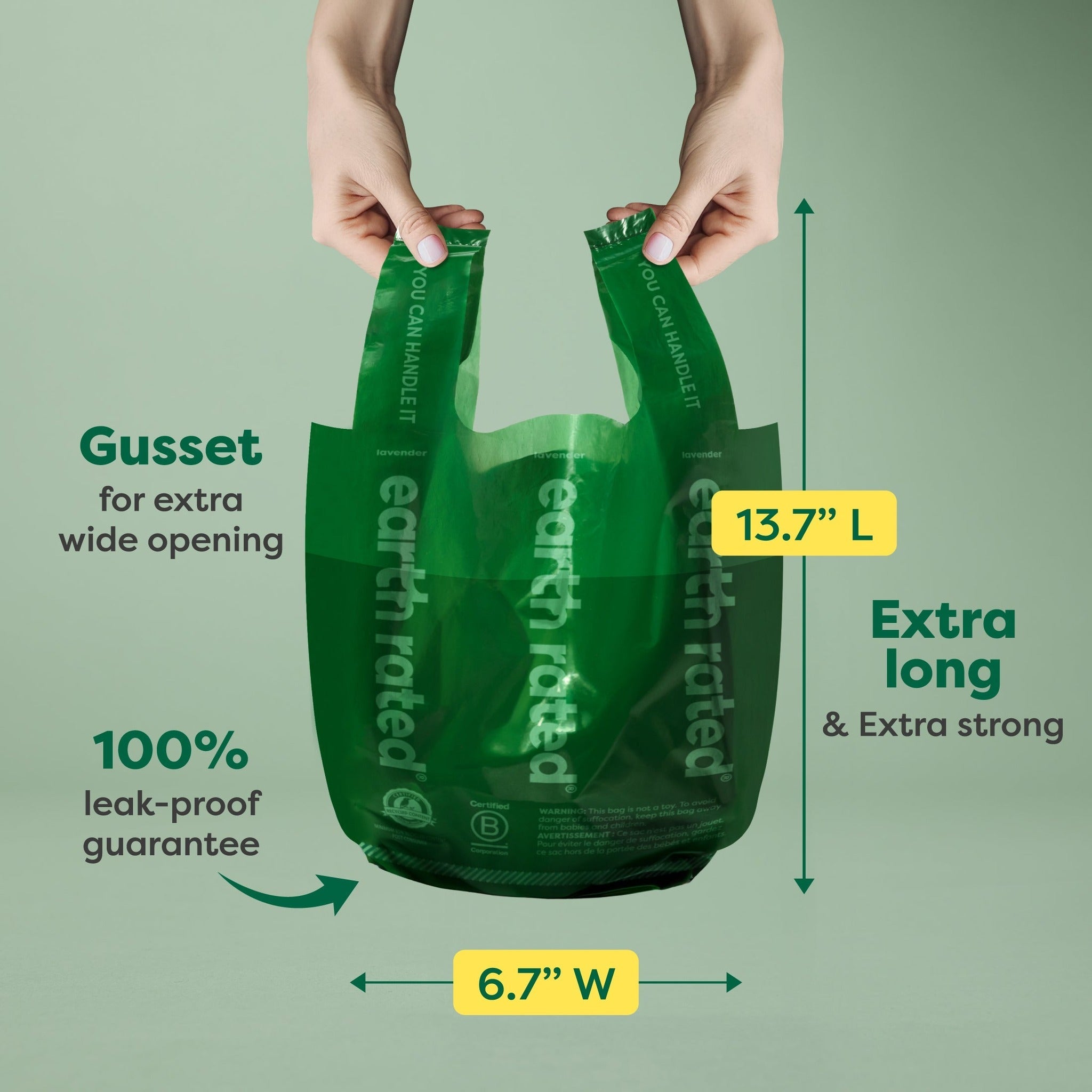 Extra long and strong handle bags with gusset, 13.7 by 6.7 inches