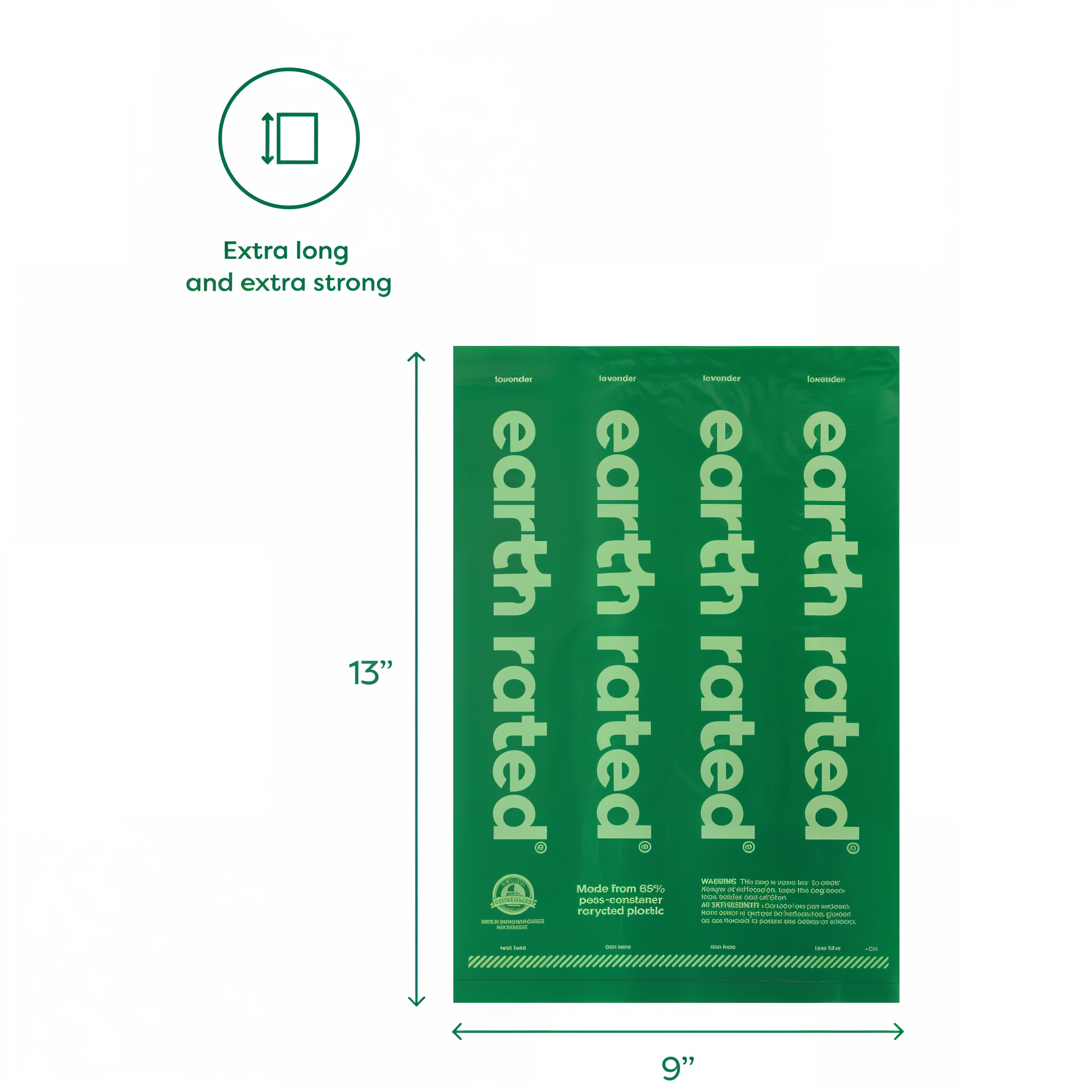 Earth Rated poop bags are extra long and extra strong at 13 by 9 inches