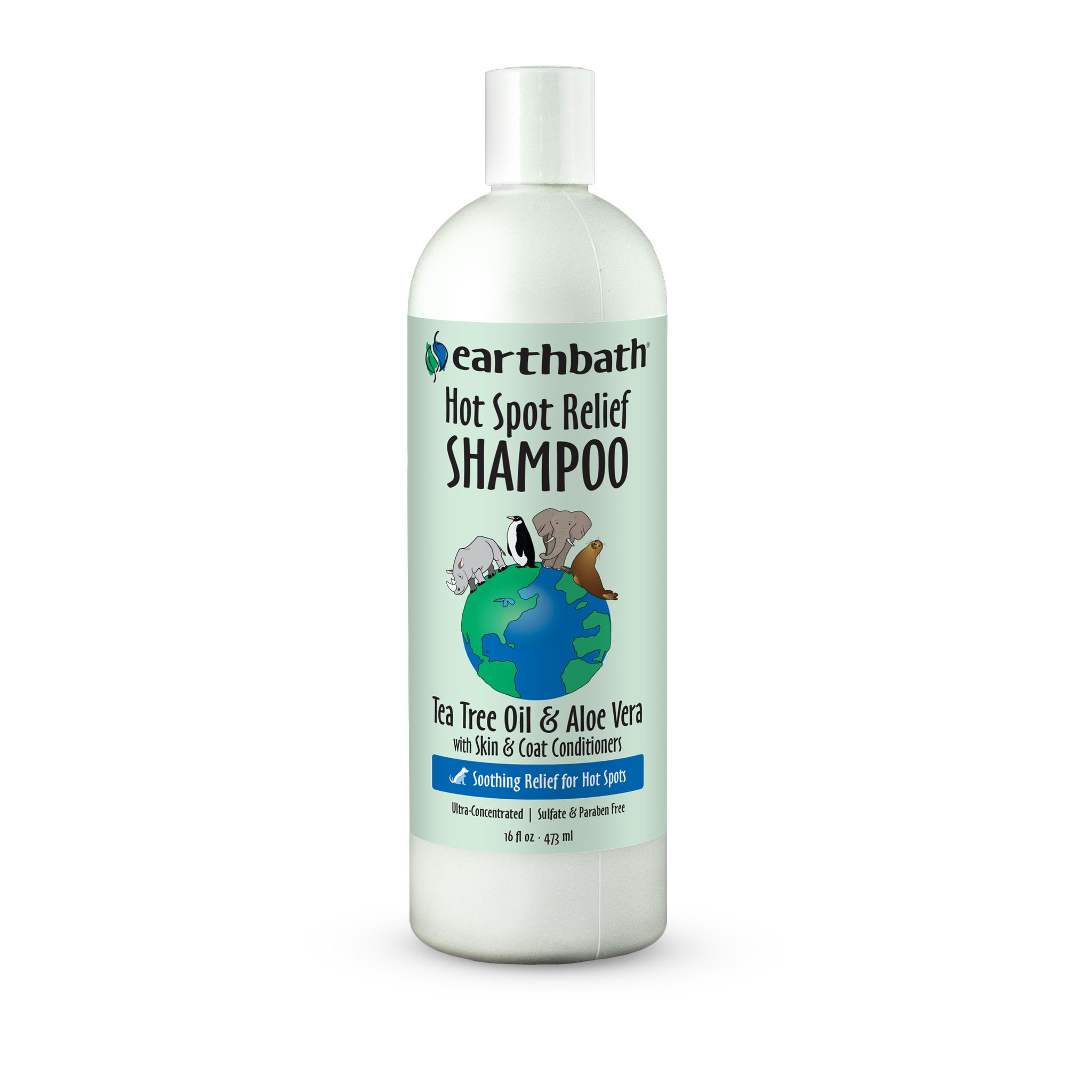 Earthbath Hot Spot Relief Shampoo 16 fl oz bottle front with tea tree oil and aloe vera