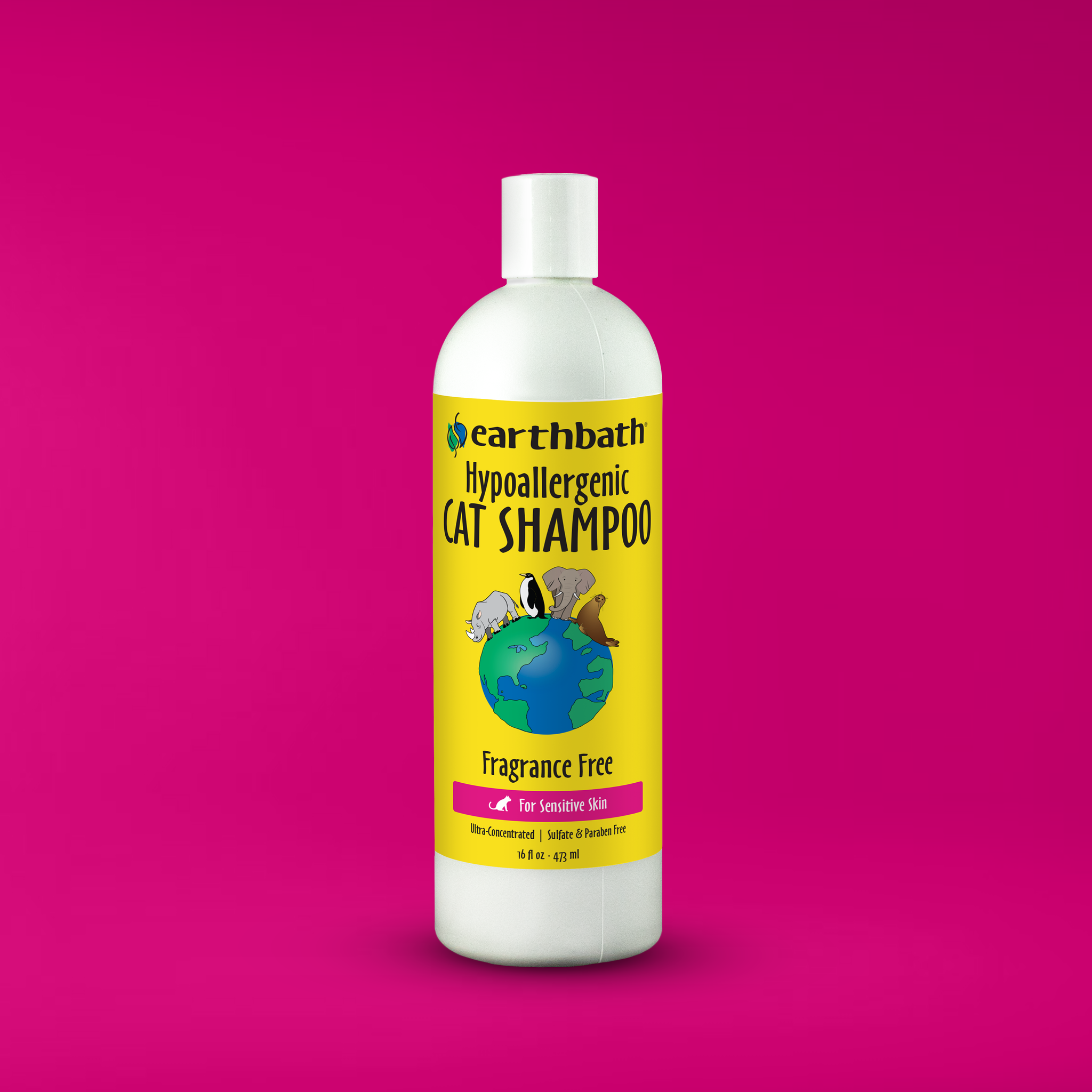 Earthbath Hypoallergenic Cat Shampoo on brand color background