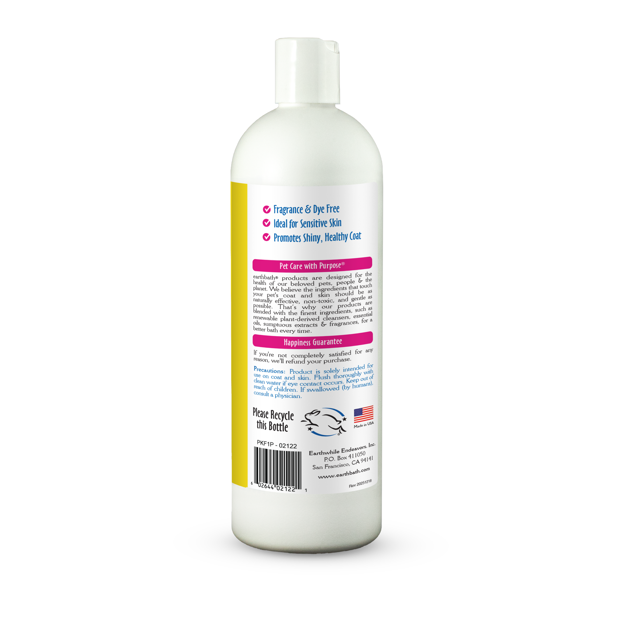 Earthbath Hypoallergenic Cat Shampoo label back panel with ingredients