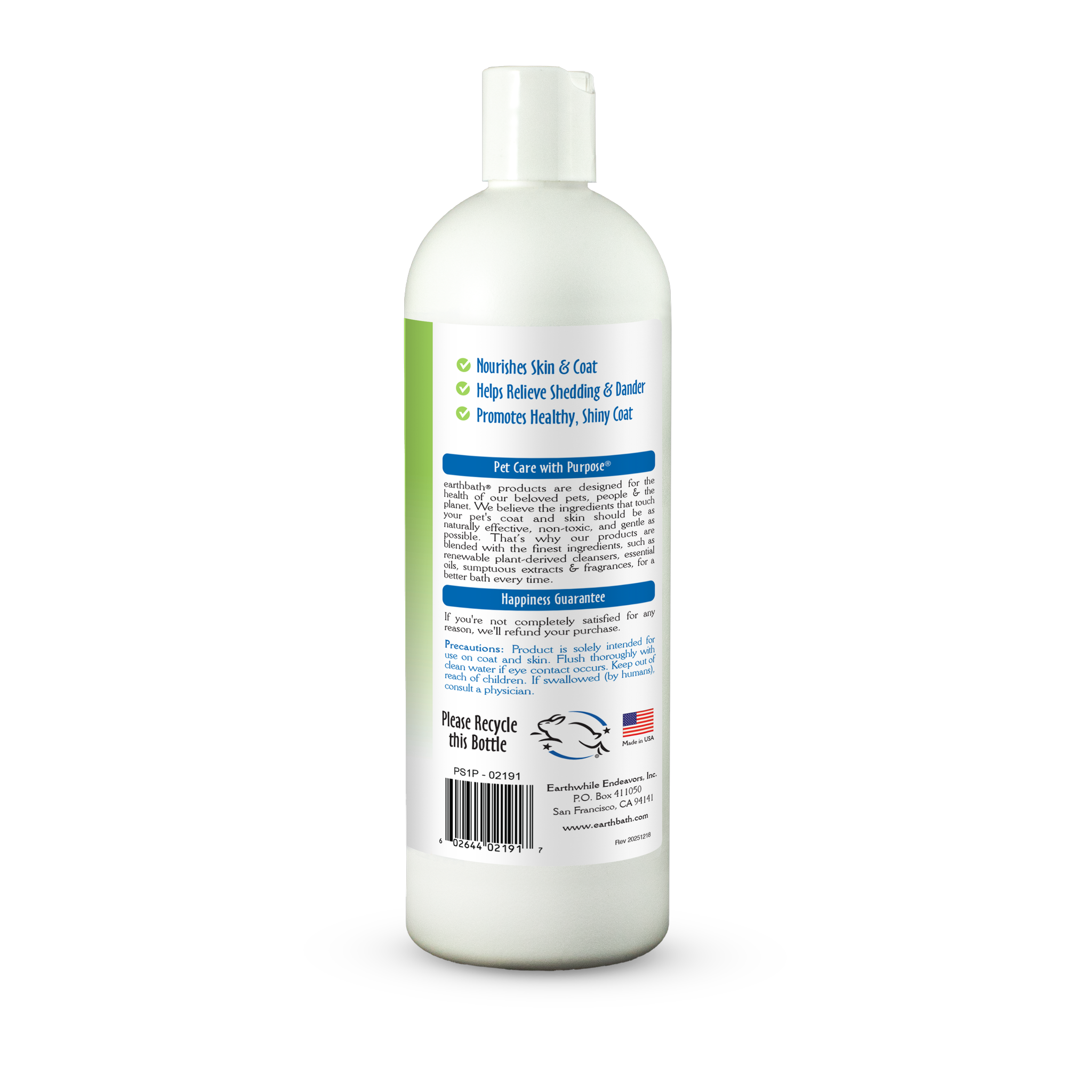 Earthbath Shed Control Shampoo label back panel with ingredients