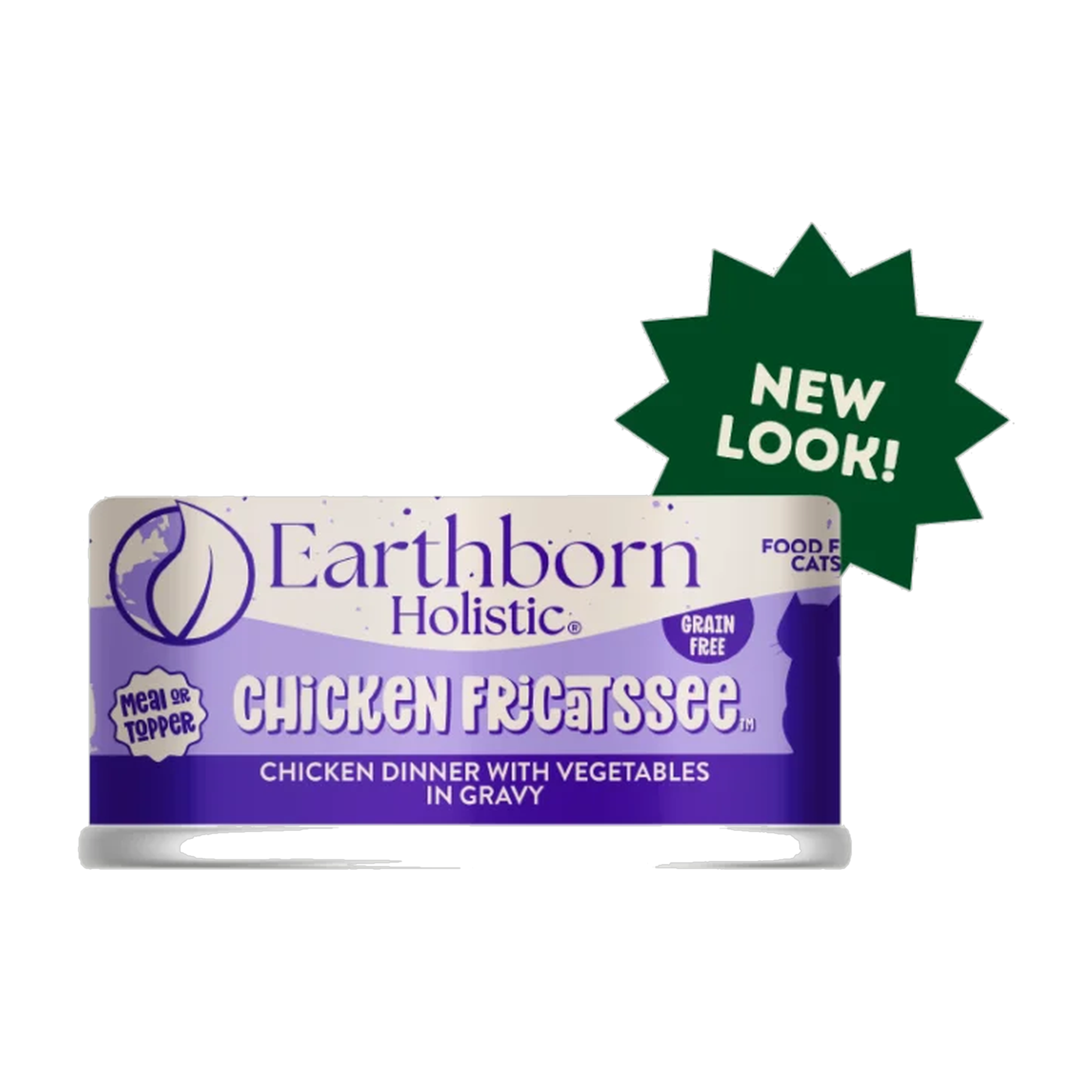Earthborn Holistic Chicken Fricatssee grain-free wet cat food, front of the 5.5 oz can with a New Look starburst