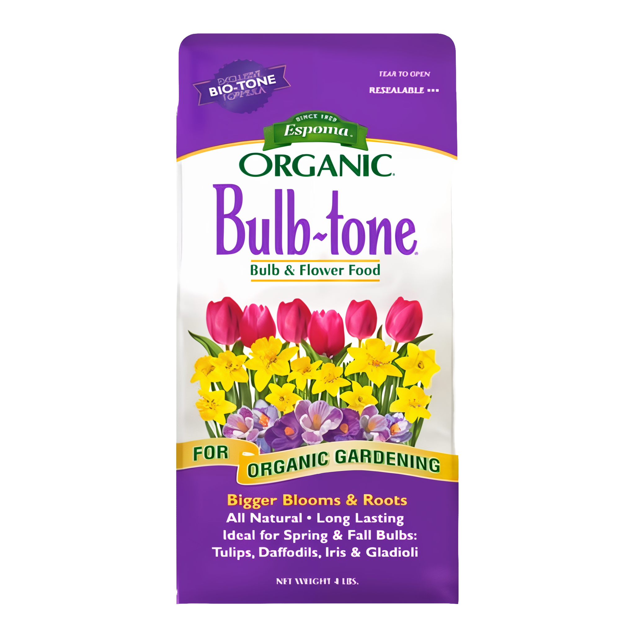 Espoma Bulb-Tone 4 lb bag, a natural plant food for bulbs.