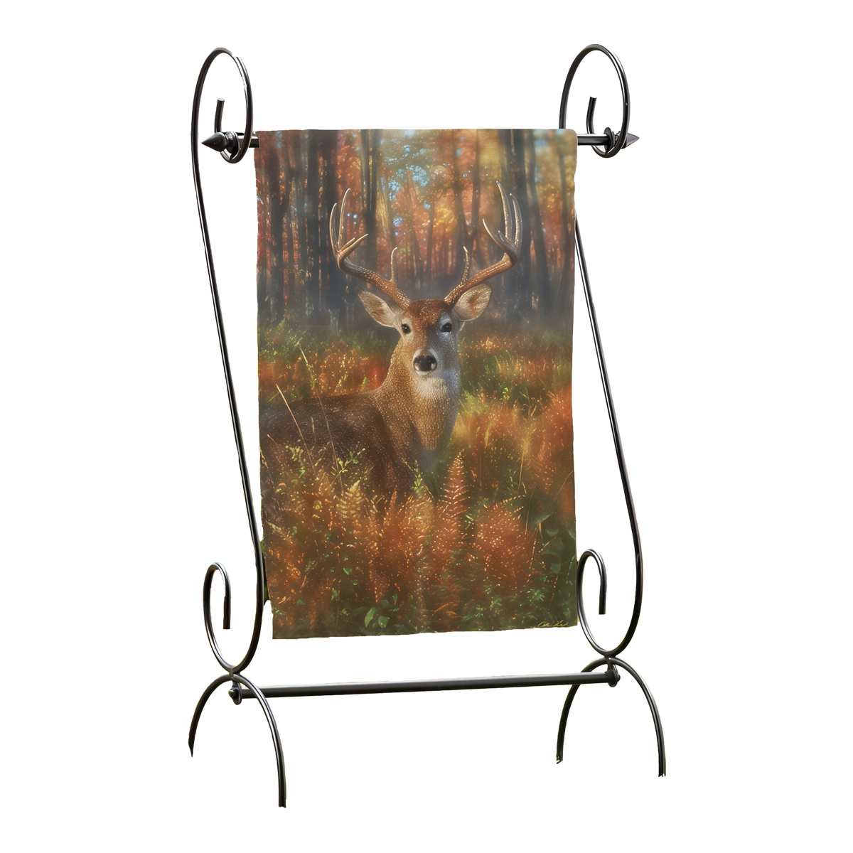 Evergreen Gazing Autumn Buck Suede Garden Flag -- shown on a garden flag stand