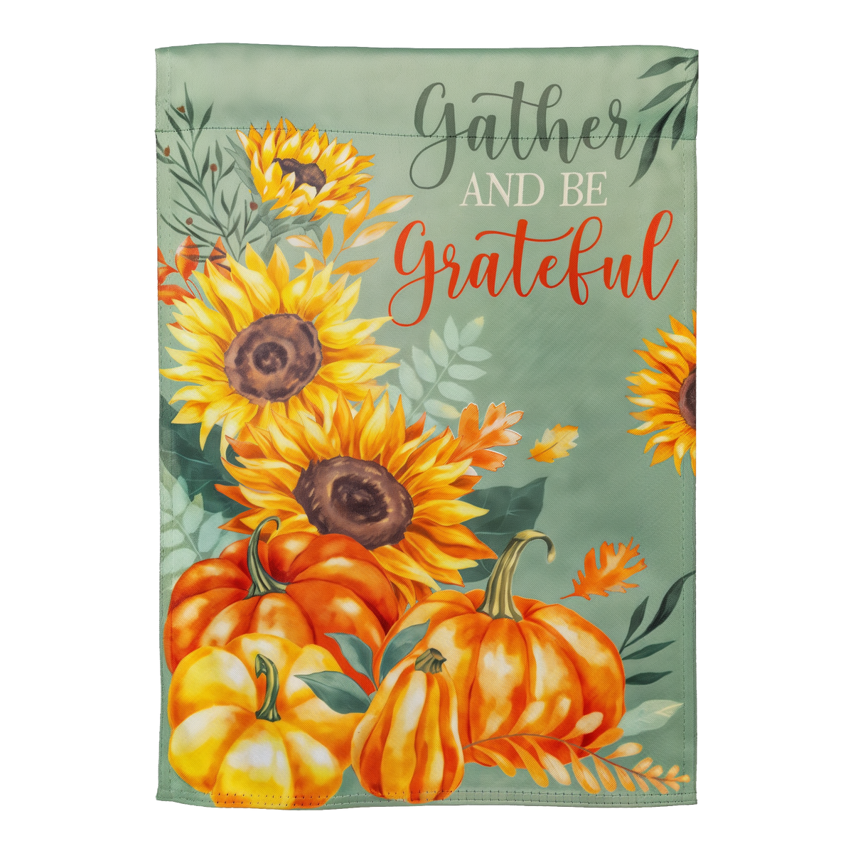 Evergreen Grateful Gatherings Suede Garden Flag -- front view with sunflowers and pumpkins
