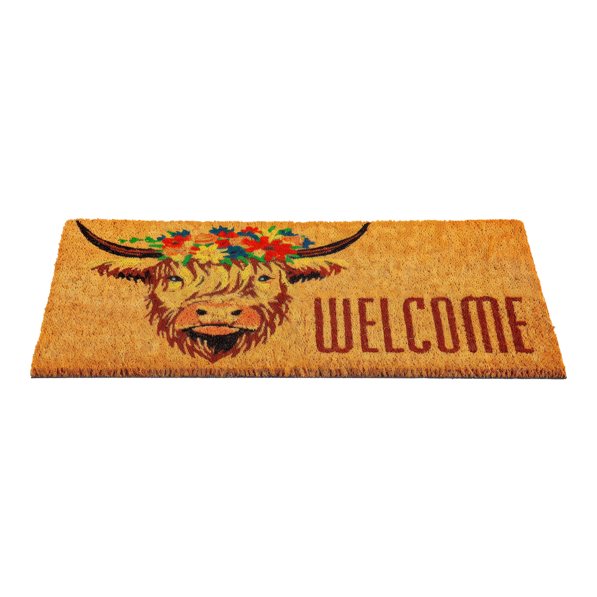 Evergreen Hillside Pasture Highland Cow Welcome Coir Mat -- angled view showing coir pile