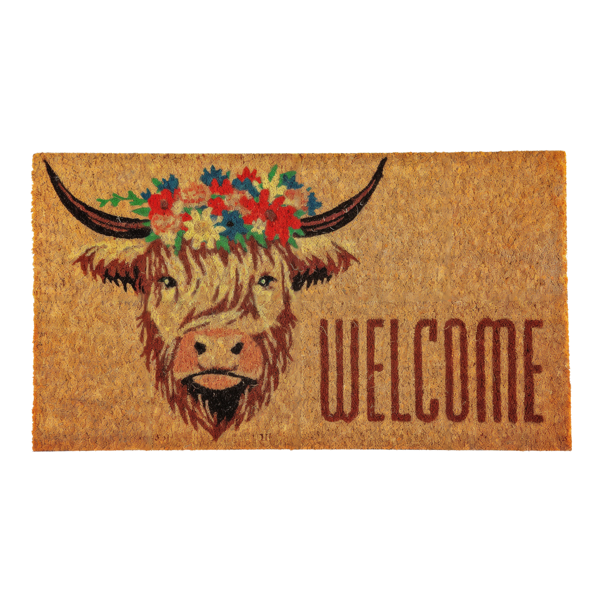 Evergreen Hillside Pasture Highland Cow Welcome Coir Mat -- front view