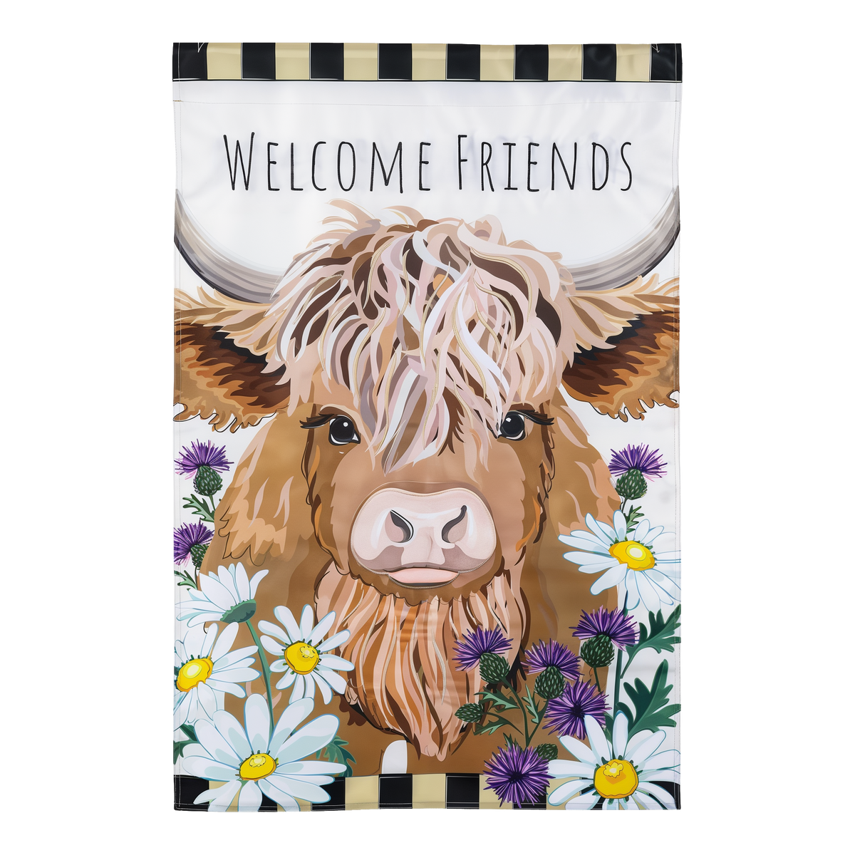 Evergreen Hillside Pasture Highland Cow Welcome Friends Applique House Flag -- front view