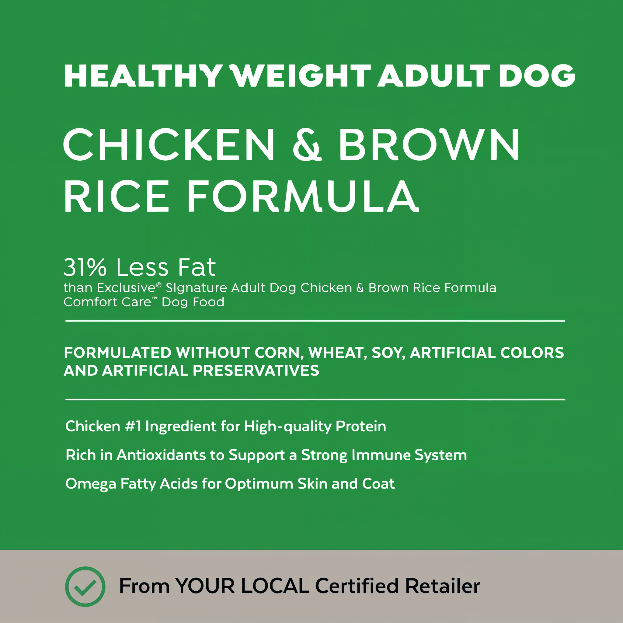 Healthy Weight Adult Dog Chicken & Brown Rice Formula recipe benefits — reduced fat, chicken first, antioxidants