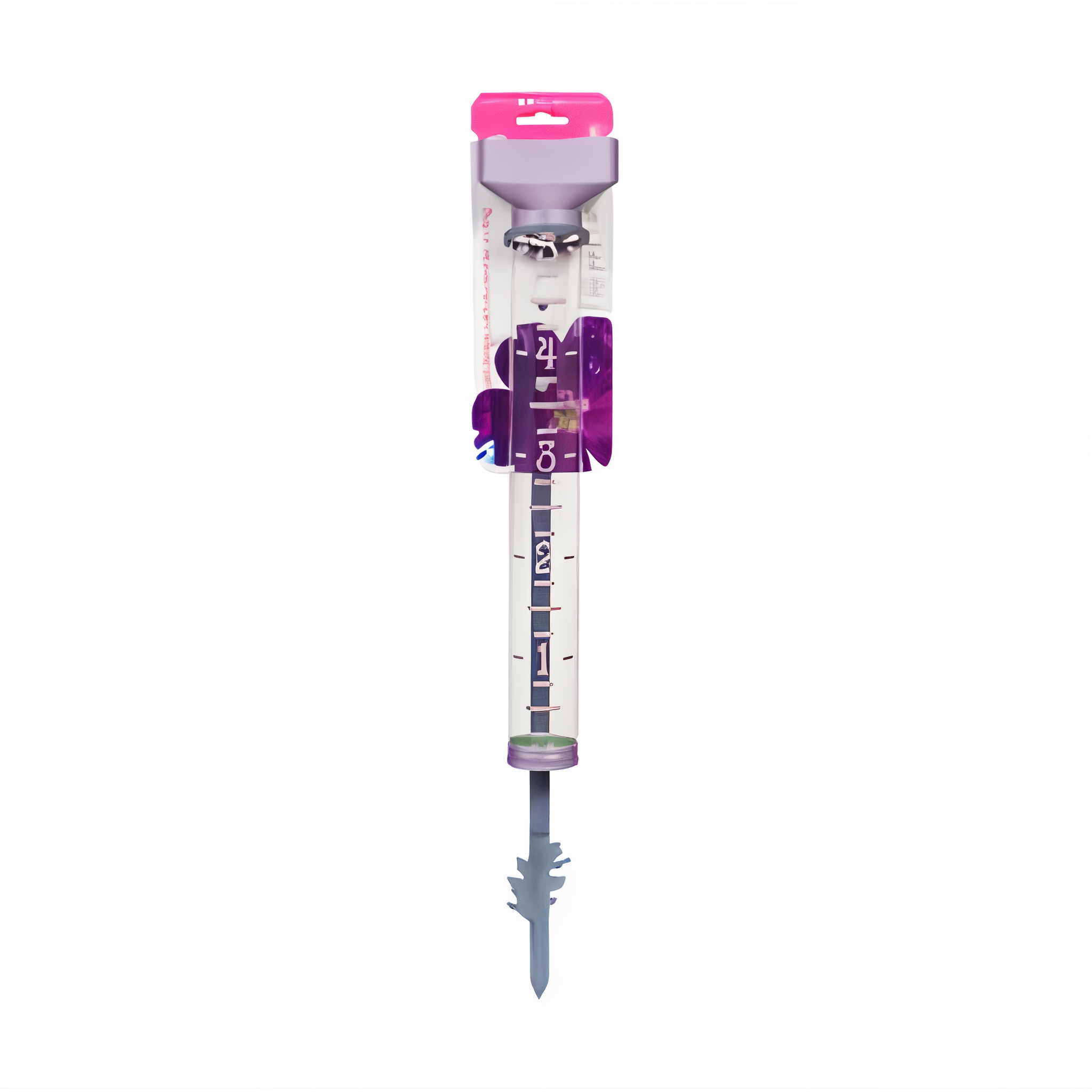 EZ Read Decorative Rain Gauge in Purple with floating green water marker and debris guard, mount or stake install