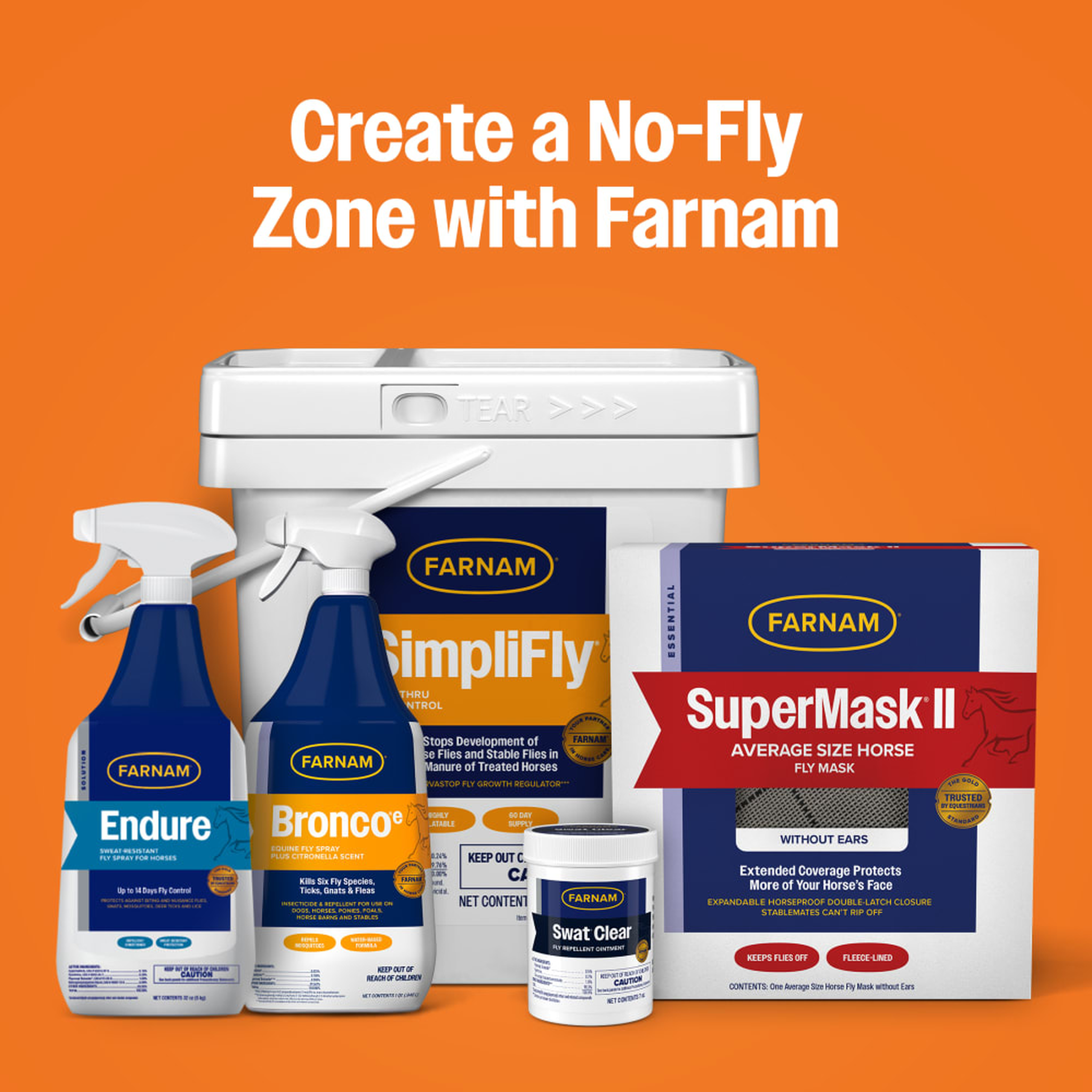 Farnam fly control product lineup including Bronco e, Endure, and SuperMask II