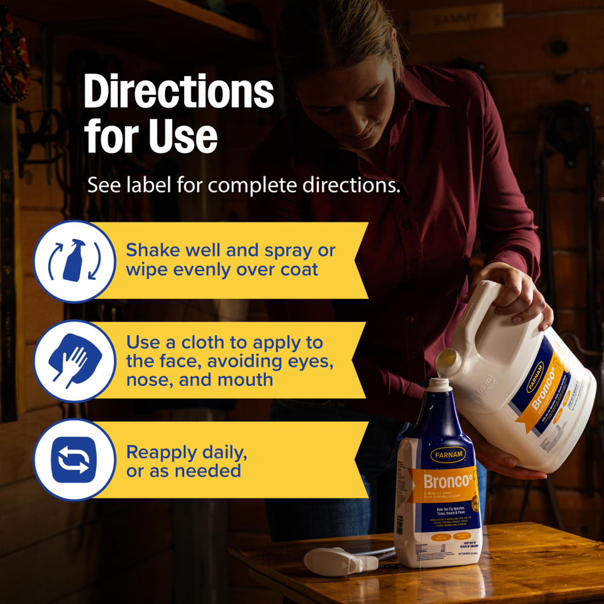 Woman pouring Bronco e into spray bottle with three-step directions