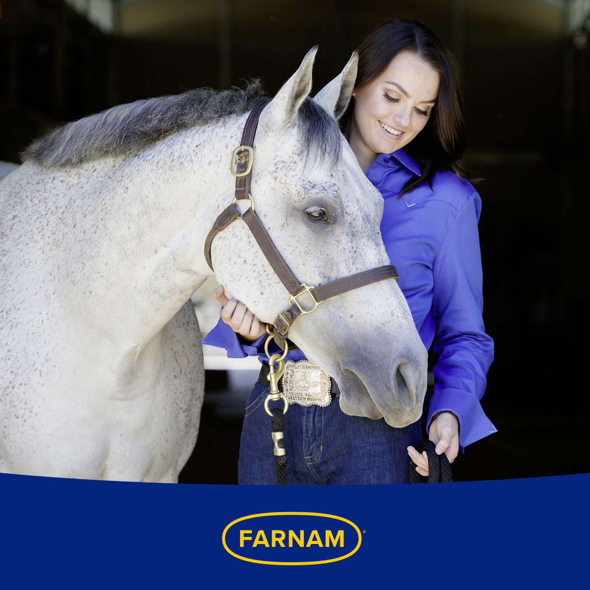 Farnam Laser Sheen Dazzling Shine & Detangler - Woman smiling and petting a white horse affectionately. Farnam logo
