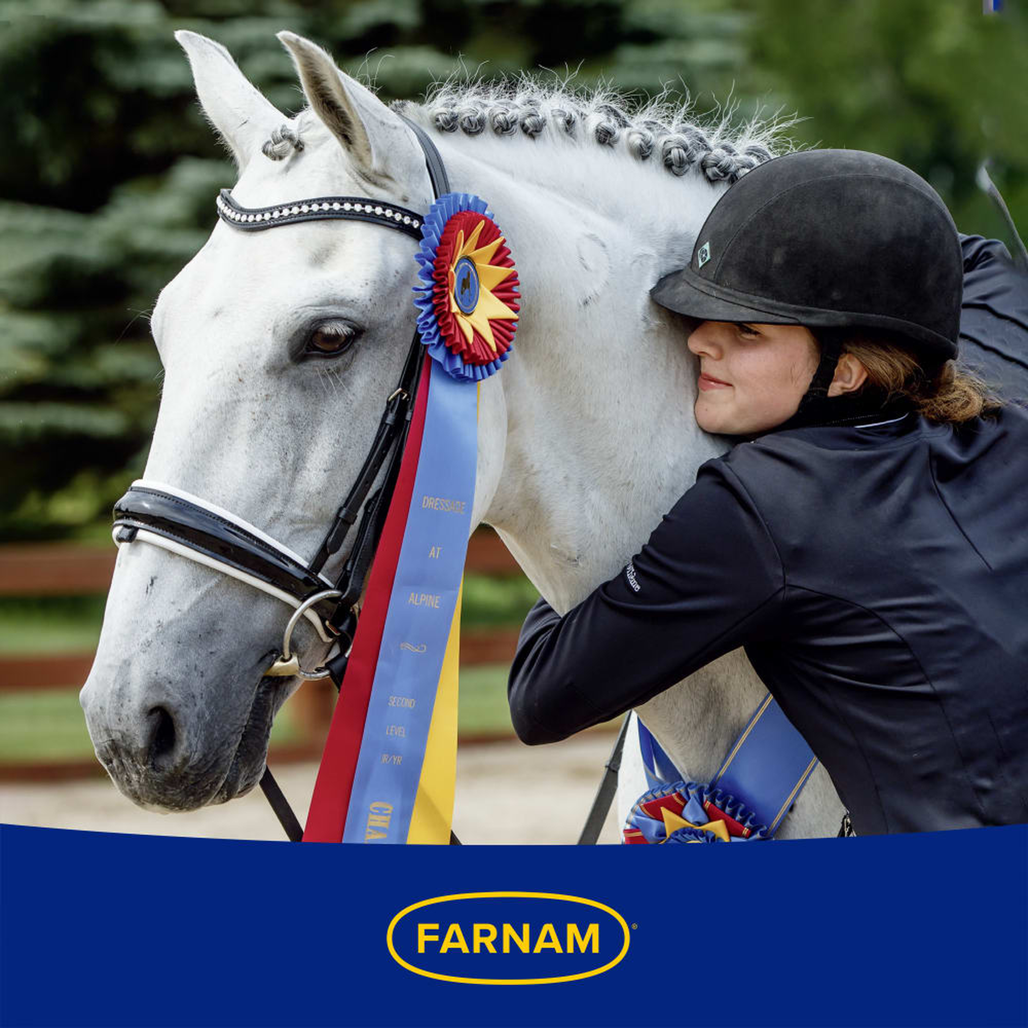 Farnam Quietex Show Paste - Young woman in jockey uniform hugging white horse with a prize ribbon. Farnam logo